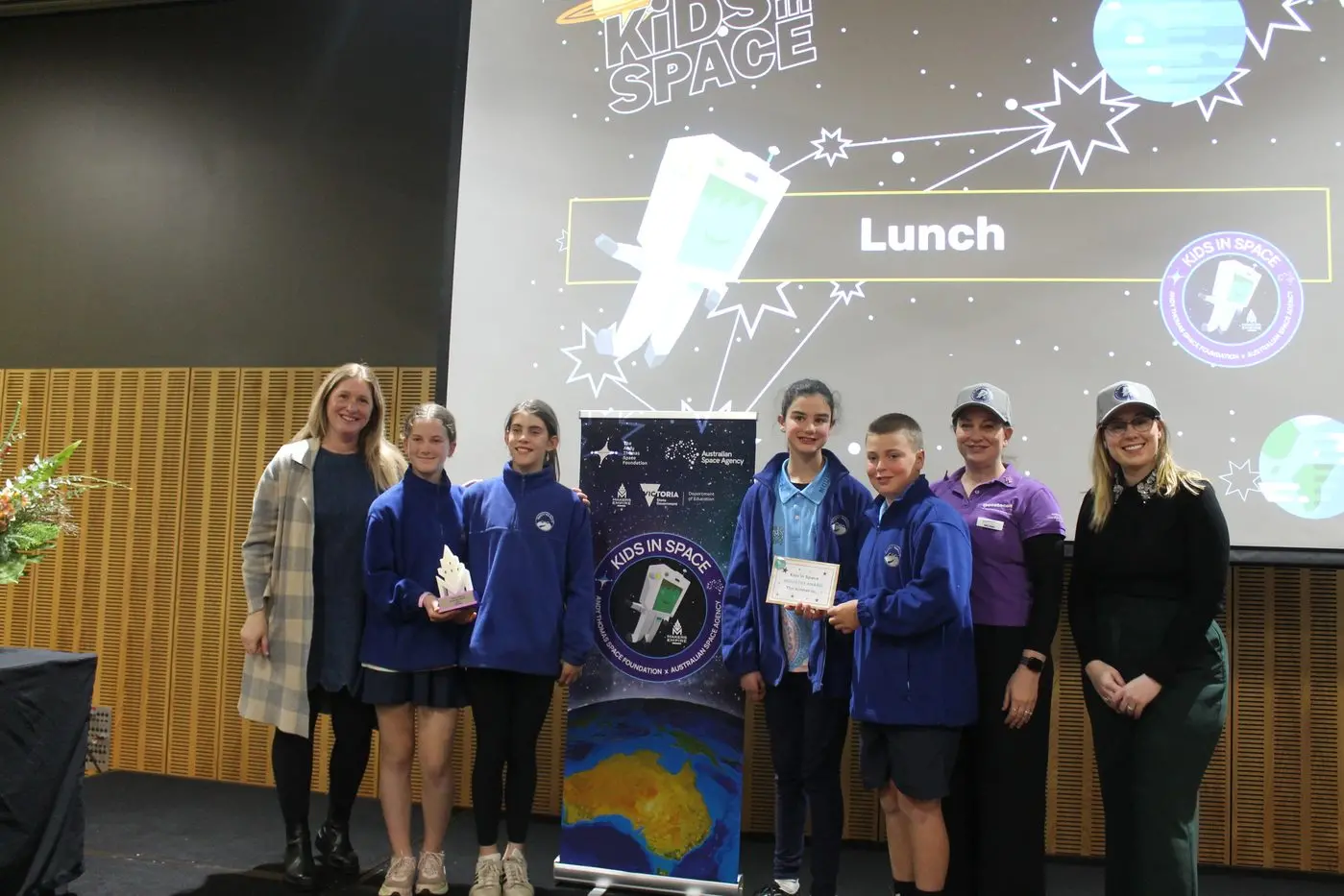 PROUD WINNERS: Mount Beauty Primary School teacher Hayley Dodd (left) with students Poppy Dangerfield, Eloise Esler, Andie Thurkettle, Lachie Ingram and guest speakers Melissa Gatt and Dr Sara Webb.