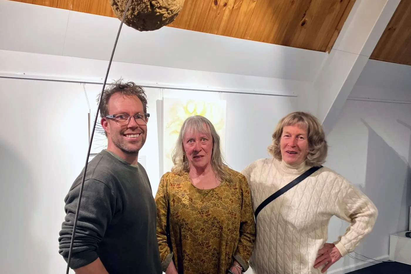 START OF A NEW SHOWCASE:  Curator Daniel D\\'Avard and fellow artists Anne McCallum (centre) and Madelynne Cornish standing next to Daniel\\'s sculptural work.