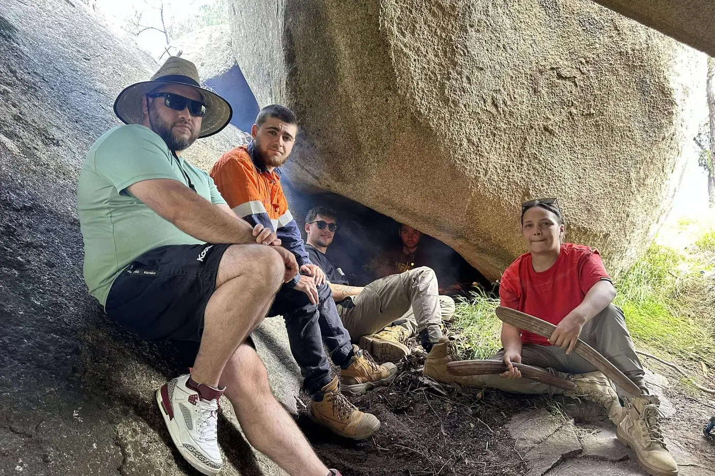 LINK TO THE PAST: (from left): Participants in the chainsaw and drone course Craig Terrick, Peter Logan, Jesse Zukanovic, Brayden Williams and Danielle Mullins follow traditional trails and survey the terrain. PHOTOS: CHCG