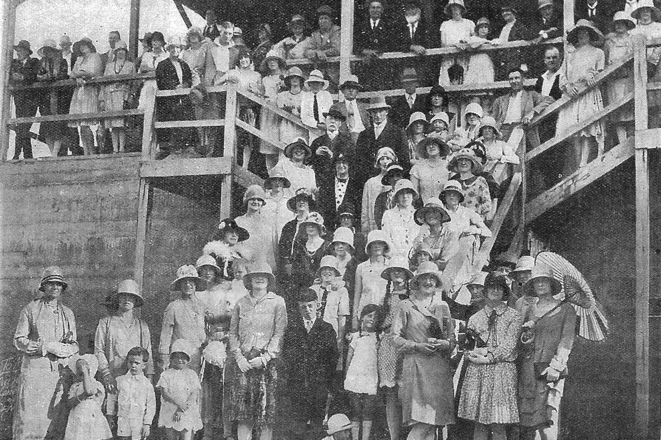 RACECOURSE GRANDSTAND, LATE 1920s: A second grandstand was erected in 1896, under the supervision of Messrs Chambers, Teakel and Croucher, three Racing Club committeemen. It was sited on the slope where the Show Society pavilion is now situated.  Id:40785