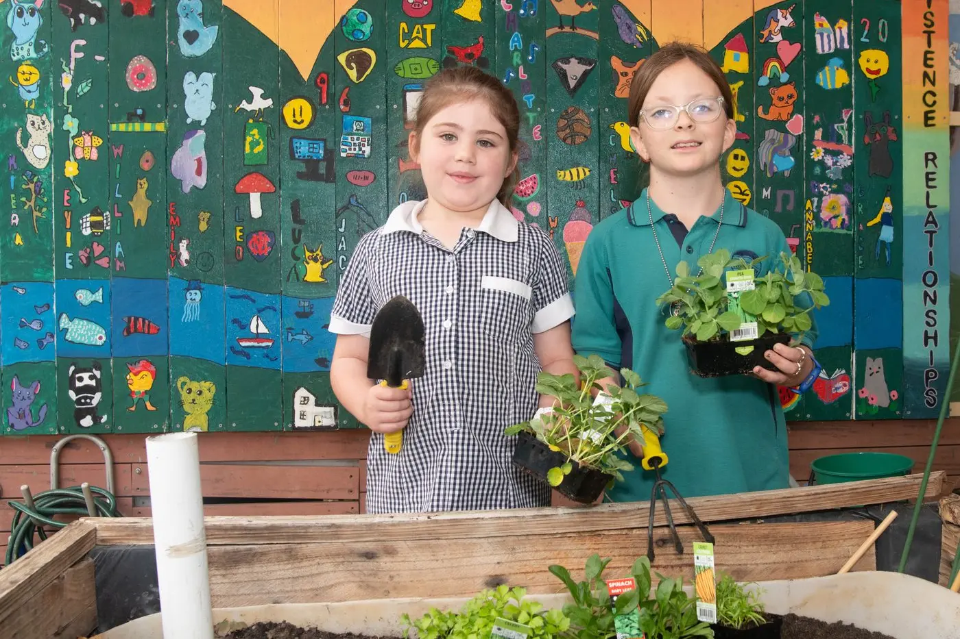 LEAFY GREENS: Whorouly Primary School has embraced healthy eating as part of a new, student-led approach to the statewide Vic Kids Eat Well initiative. Students Belle Neary (left) and Lexi Watson are pictured preparing to plant  a variety of fresh, nutrient-filled veggies. PHOTO: Kurt Hickling