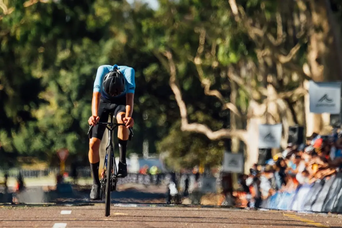 THAT WINNING FEELING: Alpine Cycling Club\\'s Julian Baudry crosses the line at the AusCycling Road National Championships. PHOTO: Chris Auld/AusCycling