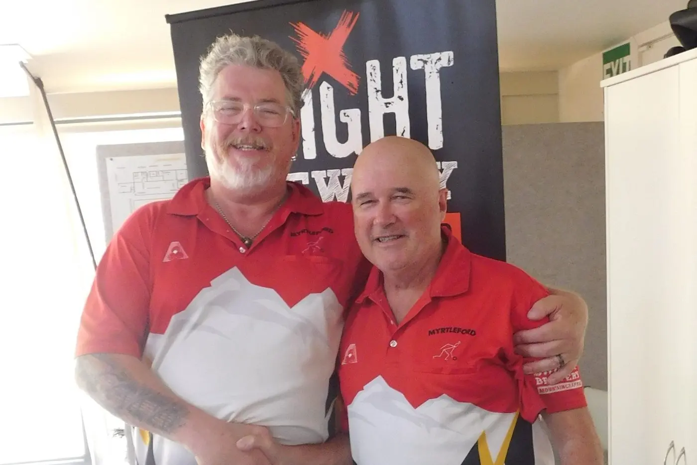 CHAMPION: Mikey Clayton (left) took out Myrtleford Bowls Club\\'s men\\u2019s handicap singles championship from Terry McCaw.