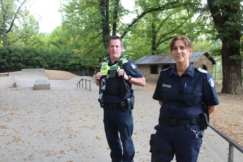 BUSTED: Acting Sergeant Brendan Lampkin and Acting Senior Sergeant Romina McEwan at the Bright Skate Park where police recently arrested two males for drug offences. PHOTO: Justin Jenvey