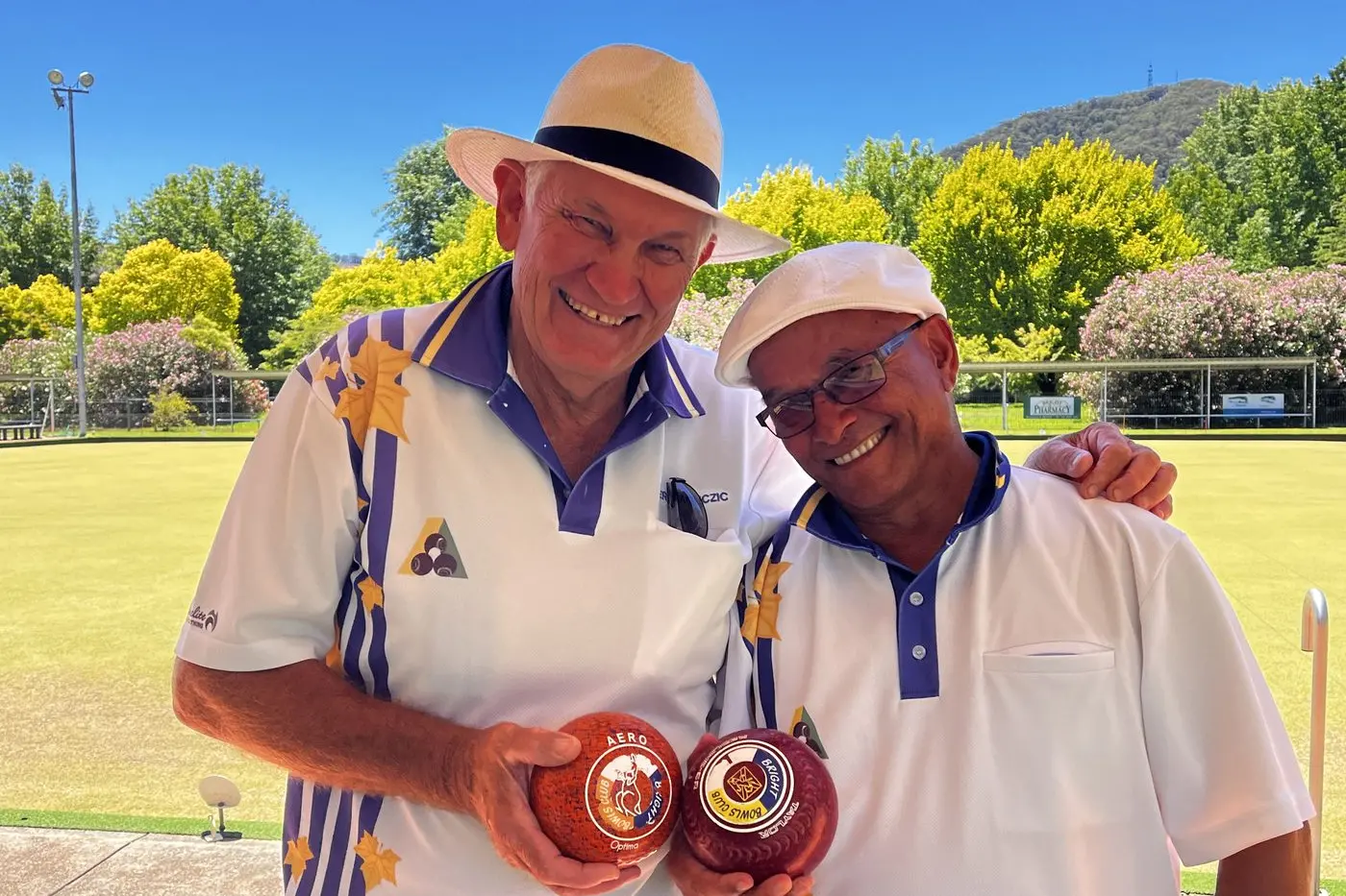 ALL SMILES: Ernie Vanderwert (right) and Peter Raduczic played off in the final of the Bright Bowls Club\\'s Men\\u2019s Singles Championship.
