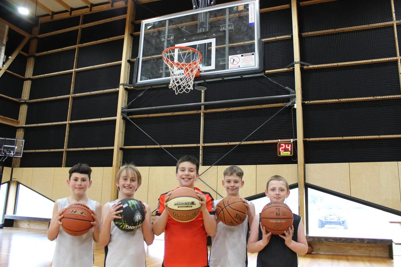 READY TO PLAY: Junior basketballers (from left) Billy Godenzi, Owen Saunier, Luca Zamperoni, Lachlan Jackson, and Billy Maxey are ready for the start of the season. PHOTO: Jenny Zamperoni