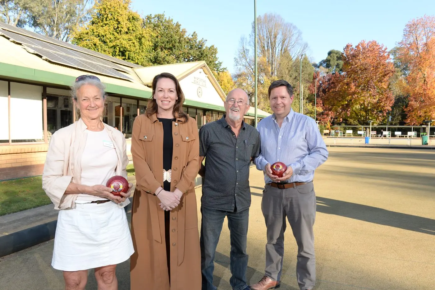 GO FOR GREEN: (From left) Alpine Shire Councillor Sarah Nicholas, MP for Northern Victoria Jaclyn Symes, Myrtleford Bowls Club president Lance Symons and Alpine Shire CEO Will Jeremy last Tuesday.   