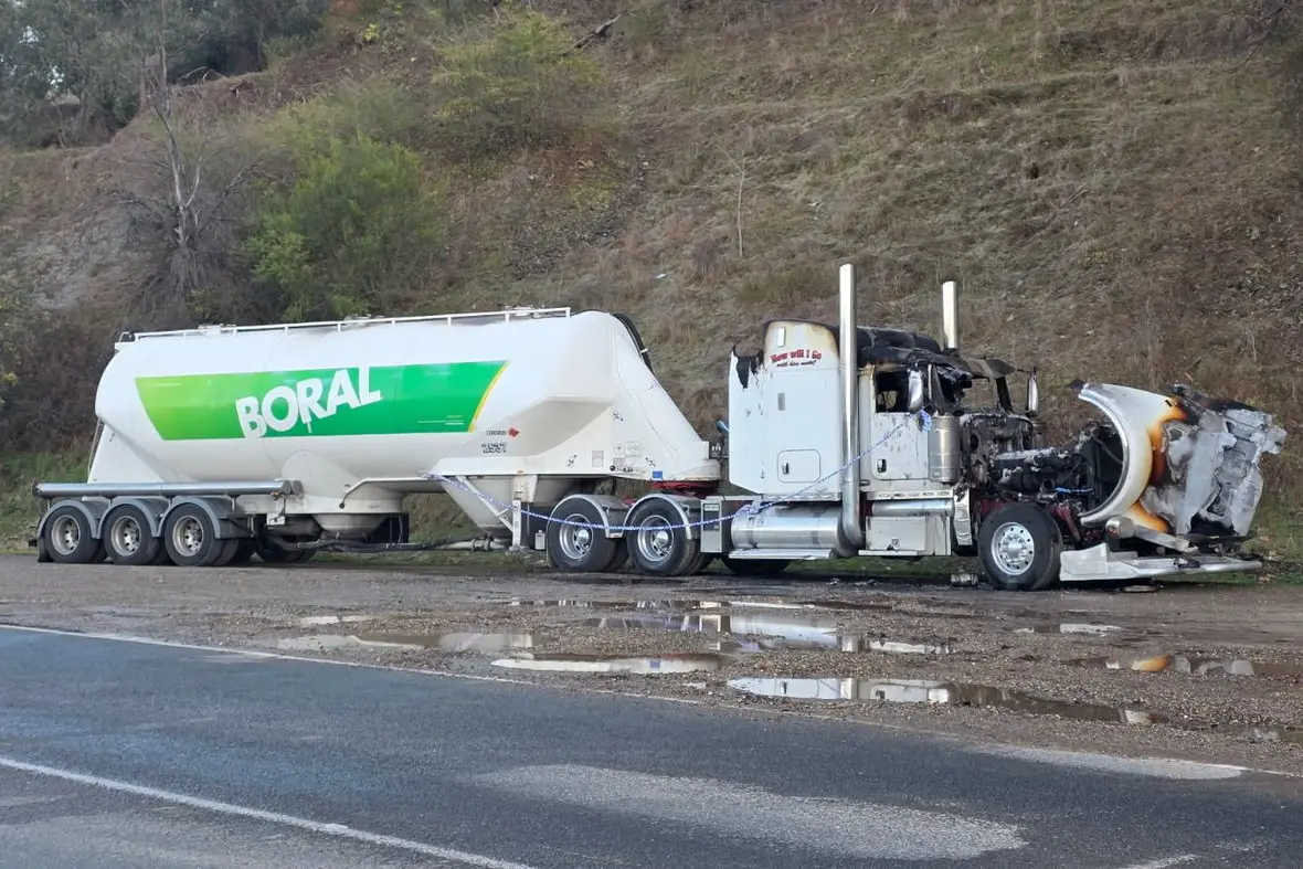 LUCKY ESCAPE: The driver of this prime mover was awoken by a fire which destroyed his cabin near Myrtleford on Tuesday morning.