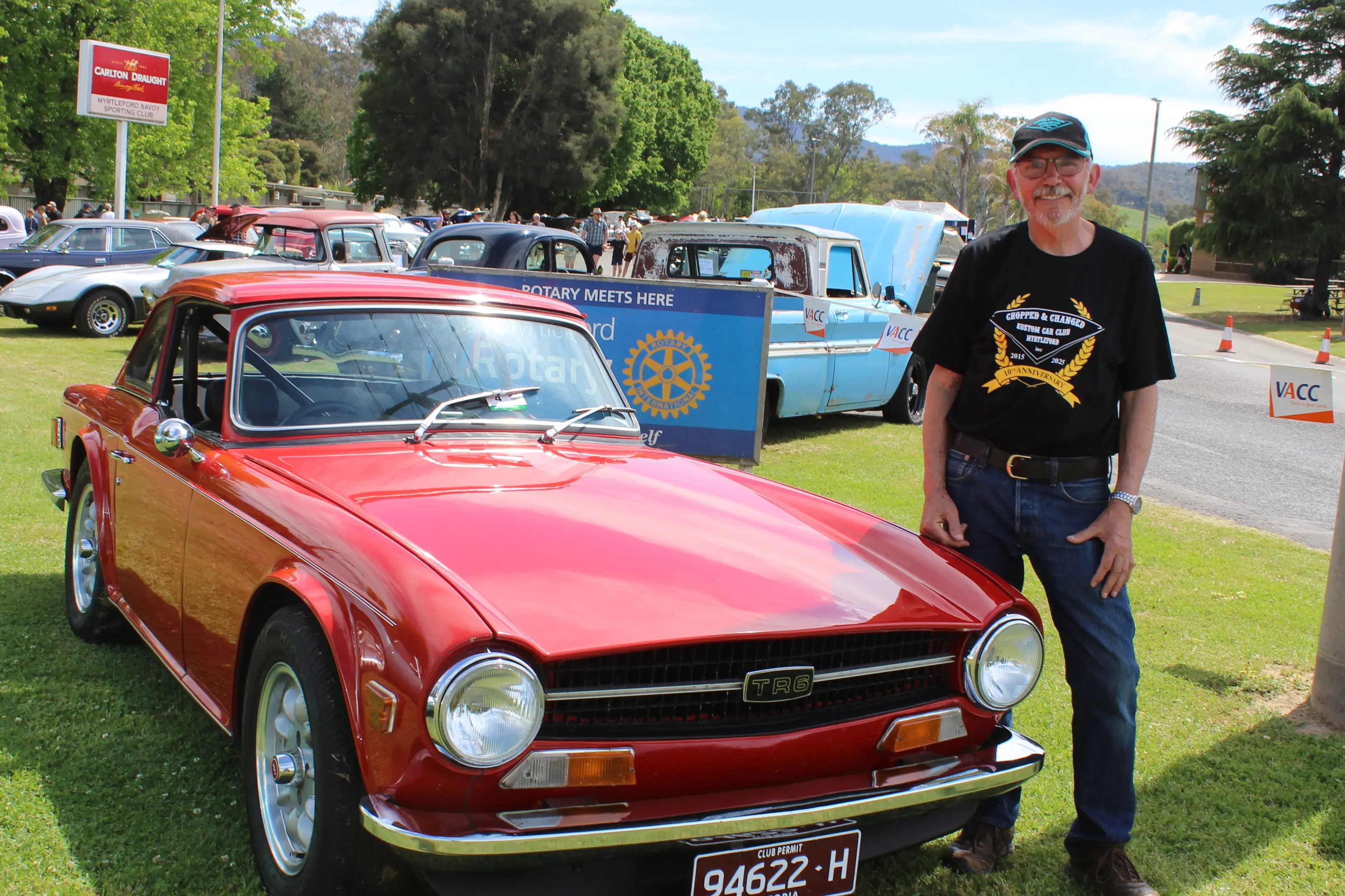 <p>BIG SHOW: Myrtleford Chopped and Changed Kustom Car Club Inc. secretary John Goodman, with his 1971 Triumph TR6, was rapt with Sunday\\'s turn out. PHOTO: Jenny Zamperoni</p>\\n