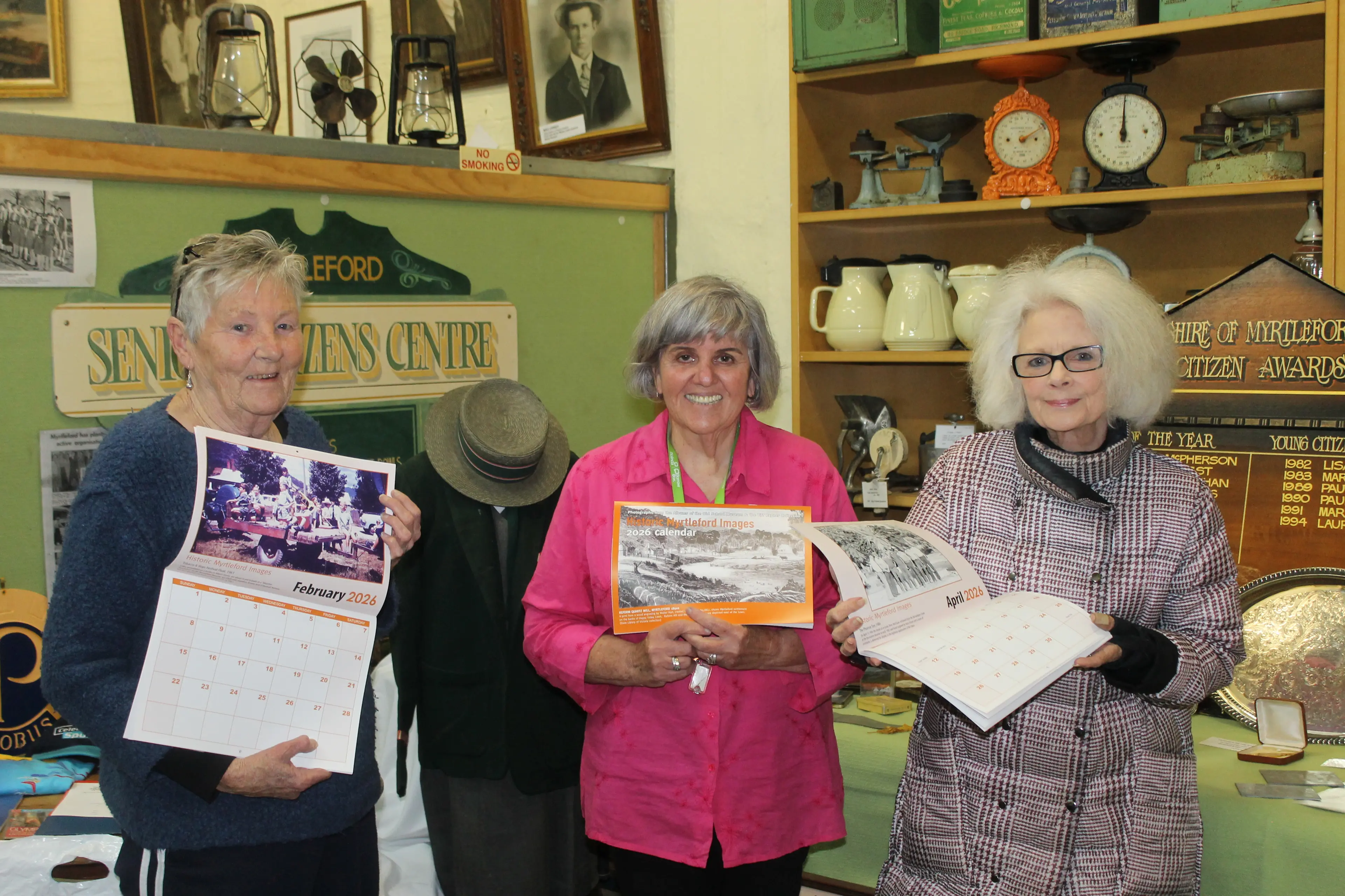 <p>COMPLETE CALENDAR: Myrtleford and District Historical Society (from left) vice president Trish Bardoe, president Kerry Murtagh and Philippa Cartwright breathed a sigh of relief as months of deliberation came to a close with the completion of next year\\'s MDHS calendar. PHOTO: Phoebe Morgan</p>\\n