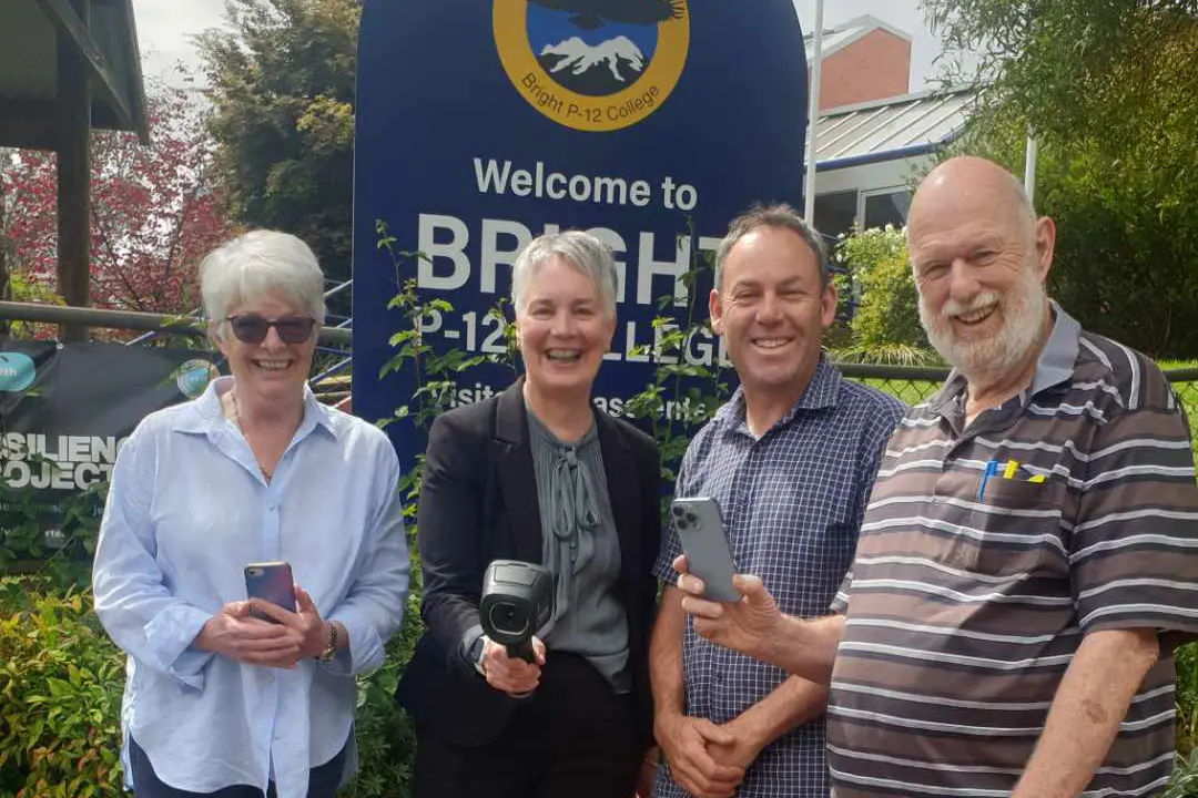 <p>ENERGY PROJECTS: Sustainable Upper Ovens co-chairs Helen Woods (left) and Dennis Lambert (right), and Bright P-12 College principal Jean Ollie and sustainability coordinator Darren Wood, are excited by the student-led energy projects to be implemented next year. PHOTO: Ben Wood </p>\\n