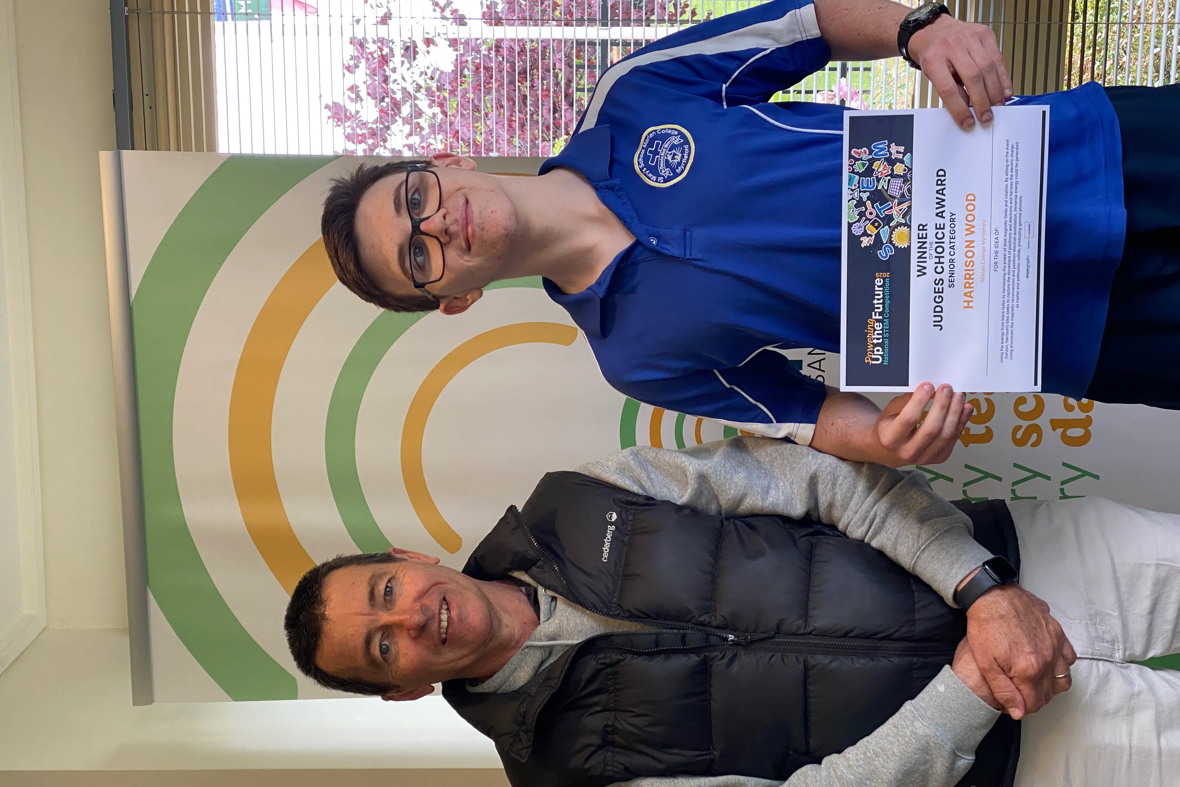 <p>INTERPLANETARY INGENUITY: Marian College student Harrison Wood (right) submitted an entry and won this year\\'s \\'Snowy Hydro Powering Up The Future Competition\\'. Science teacher Kevin Tyndall (left) said Harrison\\'s idea was brilliant. PHOTO: Marian College</p>\\n