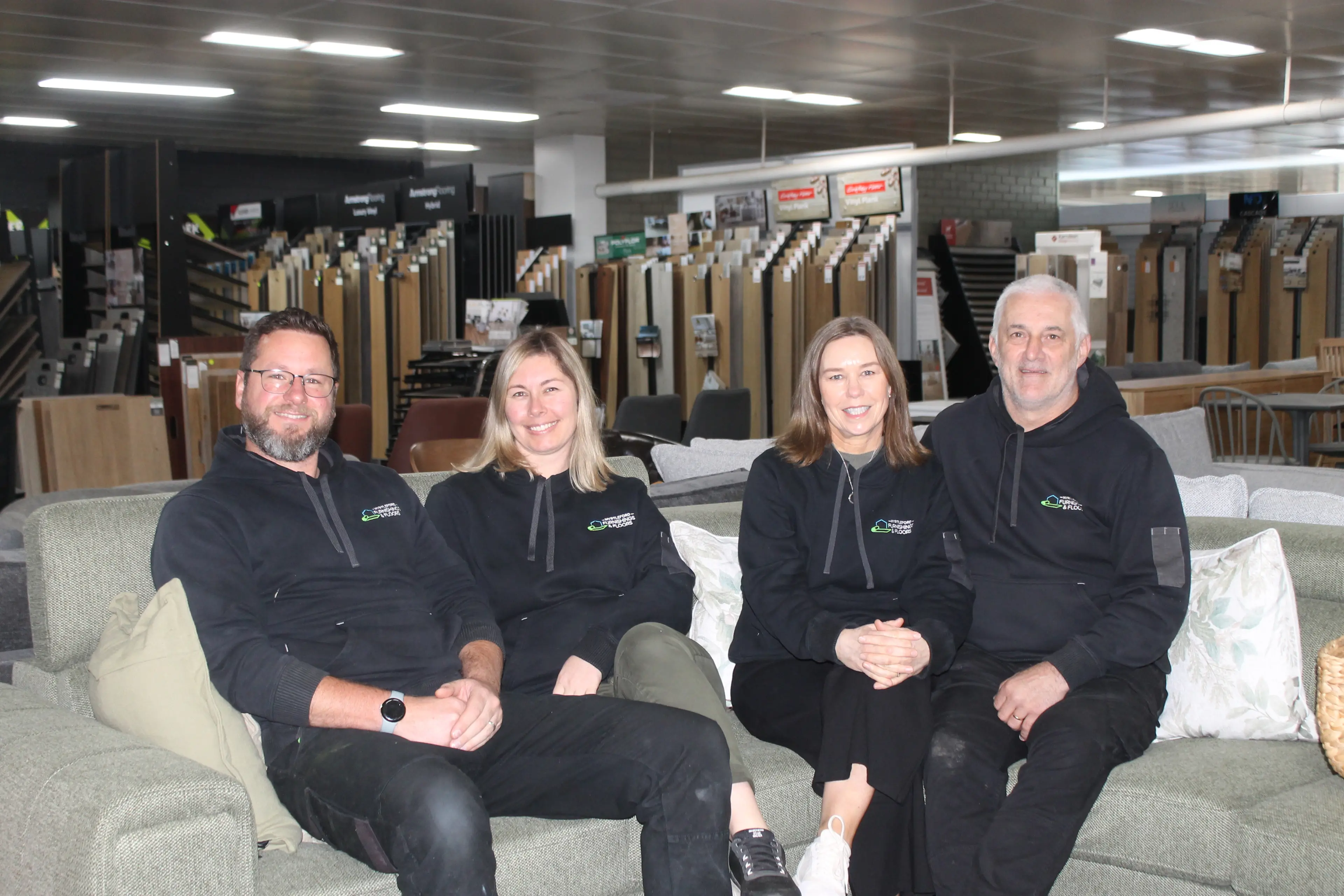 <p>\\'TIS THE SEASON FOR SHOPPING LOCALLY: The team at Myrtleford Furnishings and Floors including (from left) owners Rob and Sheridan Hill and Janine and Sandro Botter, are pleased to present this year\\'s \\'Buy Local and Win\\' top prize. PHOTO: Phoebe Morgan</p>\\n