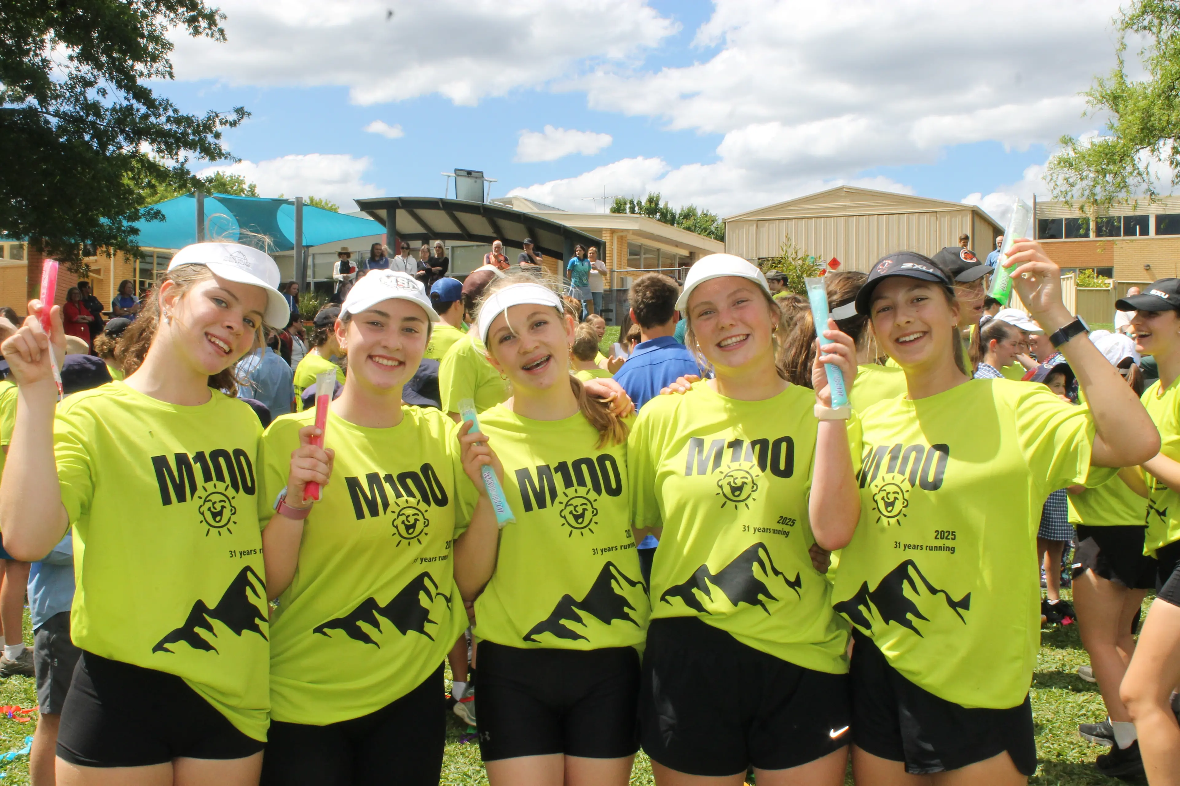 <p>WE DID IT: Marian College Myrtleford students (from left) Milla Corcoran, Daisy Howell, Issie Richter, Ella McMasters and Emma Pasqualotto celebrated with a refreshing iced snack after crossing the finish line in this year\\'s Marian 100 relay last week. PHOTOS: Phoebe Morgan</p>\\n