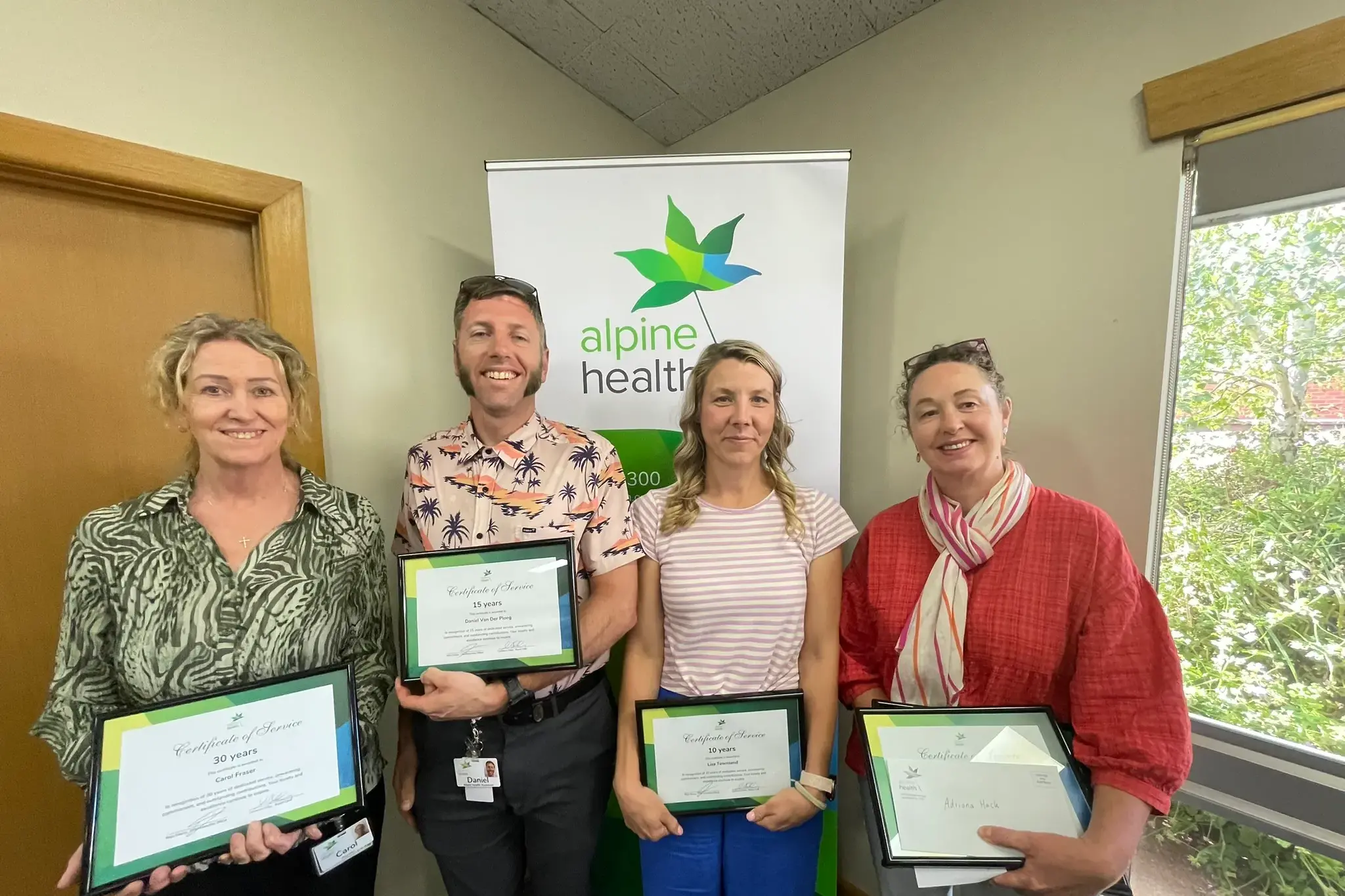 <p>DECADES OF EXPERIENCE: Long serving members of Alpine Health including (from left) Carol Fraser, Daniel vanderPloeg, Lisa Townsend and Cathy Lennon were recognised at the recent AGM. PHOTOS: Alpine Health</p>\\n