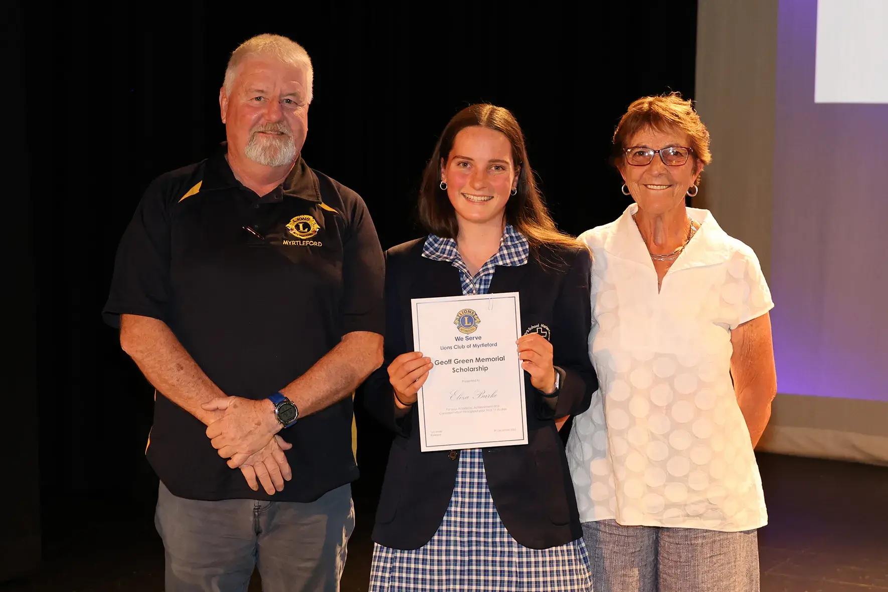 <p>REWARDED: At this year\\'s Marian College awards night, Eliza Burke received the Geoff Green Memorial Award from Myrtleford Lions Club representatives, Dave Byrne and Gerry Green. PHOTO: Marian College</p>\\n