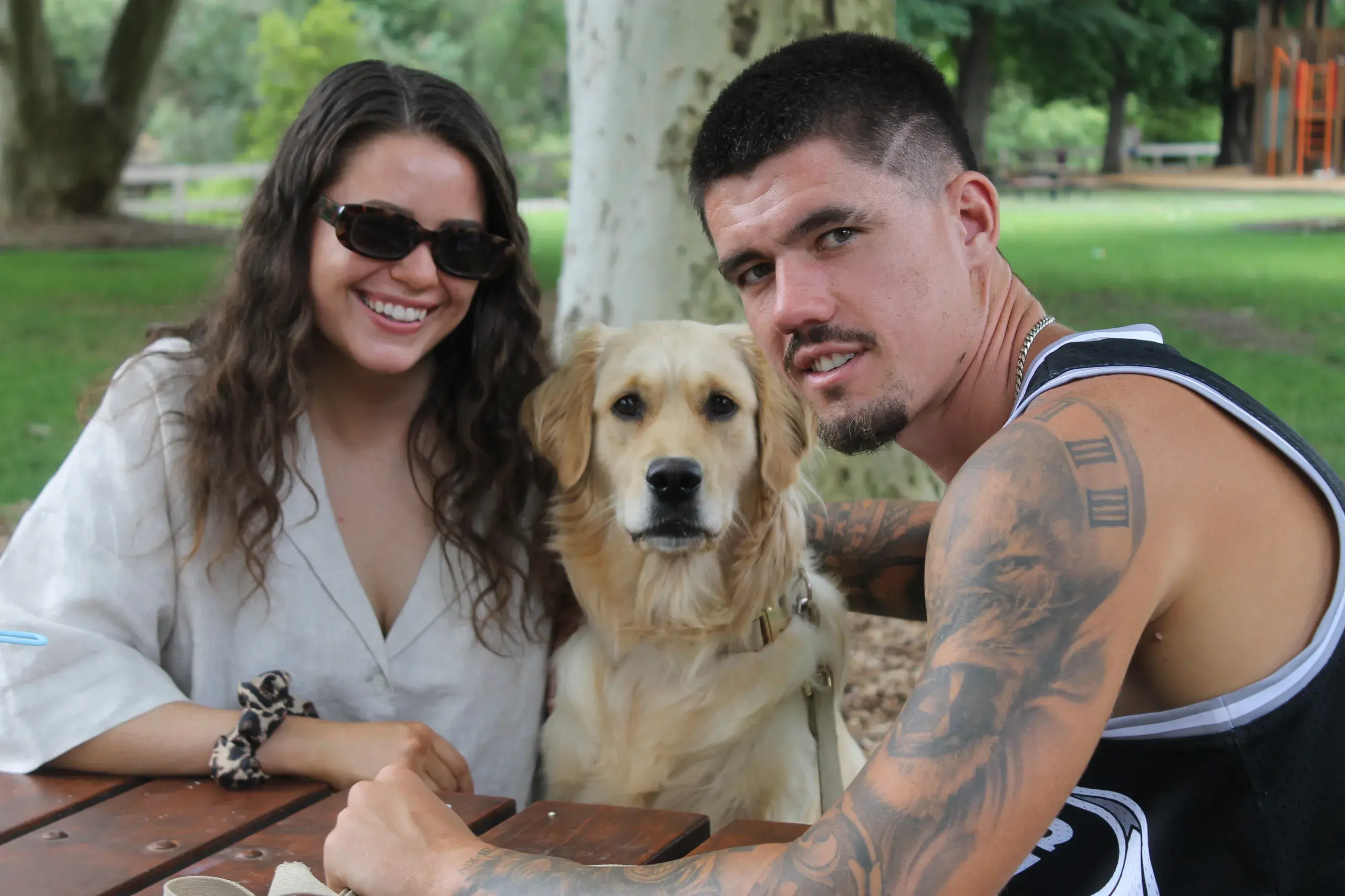 <p>Bright\\'s people around town: India, Honey the Golden Retriever and Dave Goodwin.</p>\\n