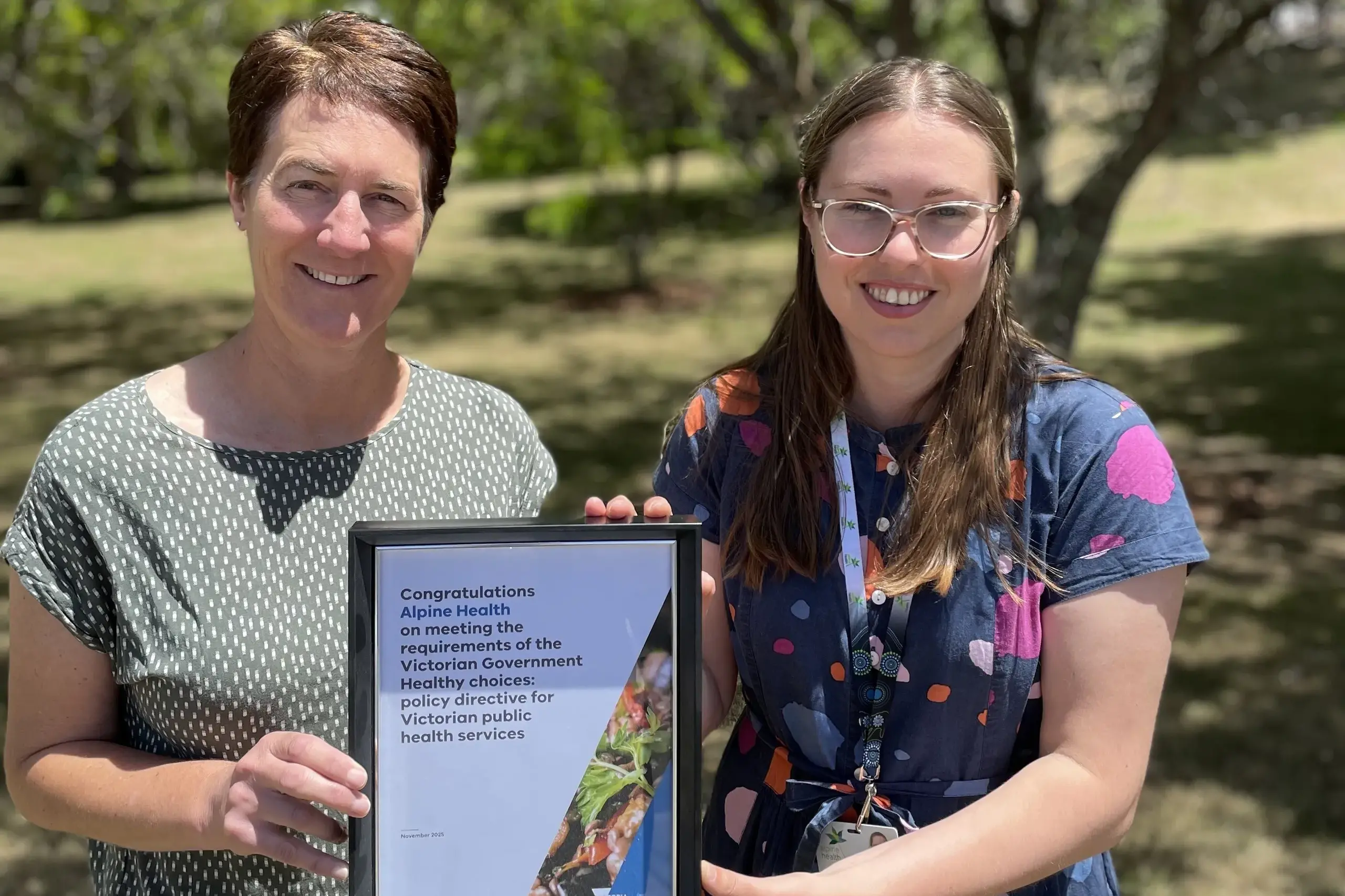 <p>NEXT STEP IN NUTRITION: (From left) Bronwyn Gray, AH Operational Director of Allied Health and Holly Zlatic, AH Health Promotion Officer marked Alpine Health\\'s recent achievement. PHOTO: Alpine Health.</p>\\n