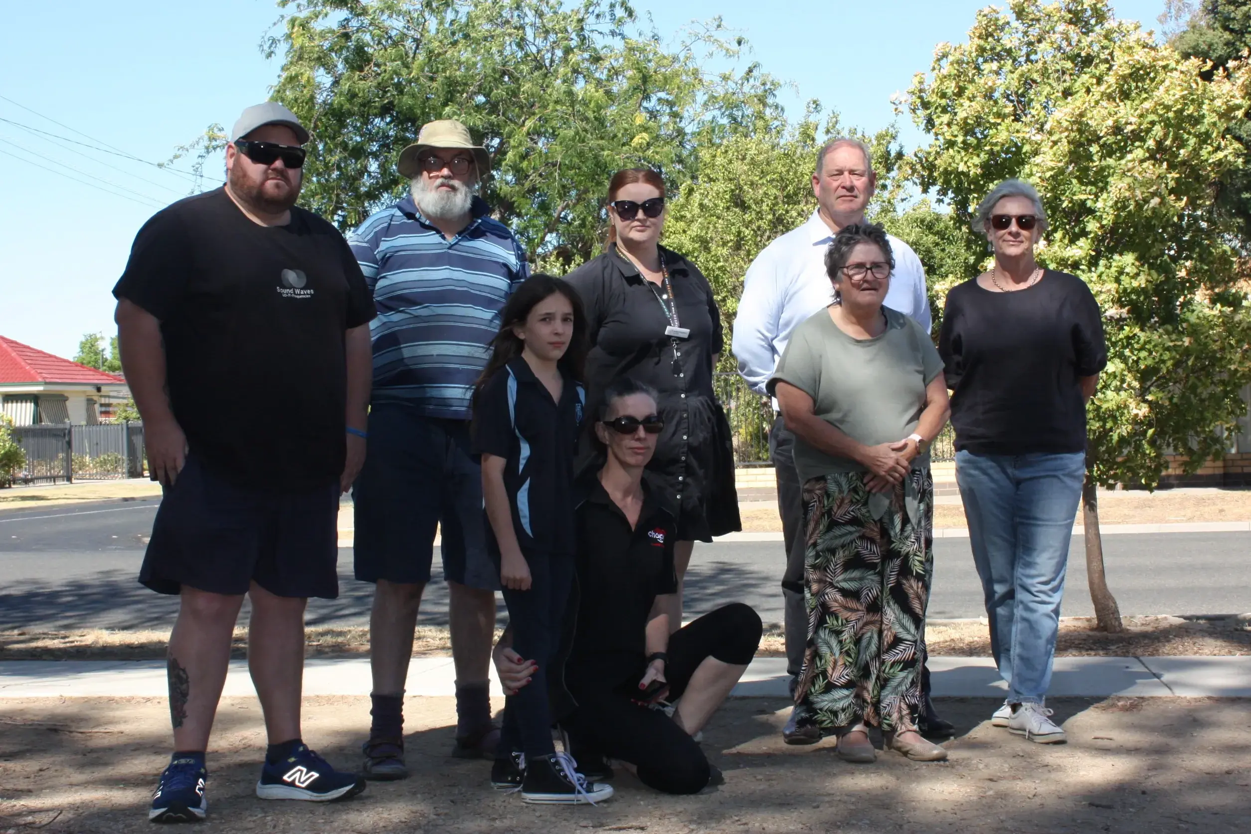 <p>DRIVING A CHANGE: Peter Skinner (far left) invited locals to contribute to discussions on pedestrian safety in Appin Street at the oval complex. Peter, his dad Cyril Skinner, Cr Ashlee Fitzpatrick, Nationals\\' MP for Ovens Valley Tim McCurdy, Cr Tania Maxwell; Alexis Manson, Kylie Beardow and Peter\\'s mum Mary Skinner, considered options to address the safety concerns, including filing a petition to garner community support for the incentive. PHOTO: Grace Fredsberg</p>\\n
