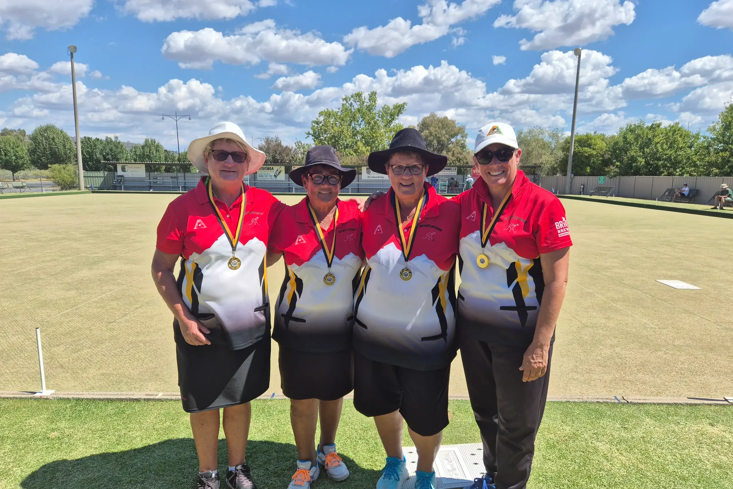 <p>AWESOME FOURSOME: Cheryl Lewis, Mary Paton, Liz Saunders and Peta Mattys after claiming victory in the recent Ovens and Murray ladies state fours championship.</p>\\n
