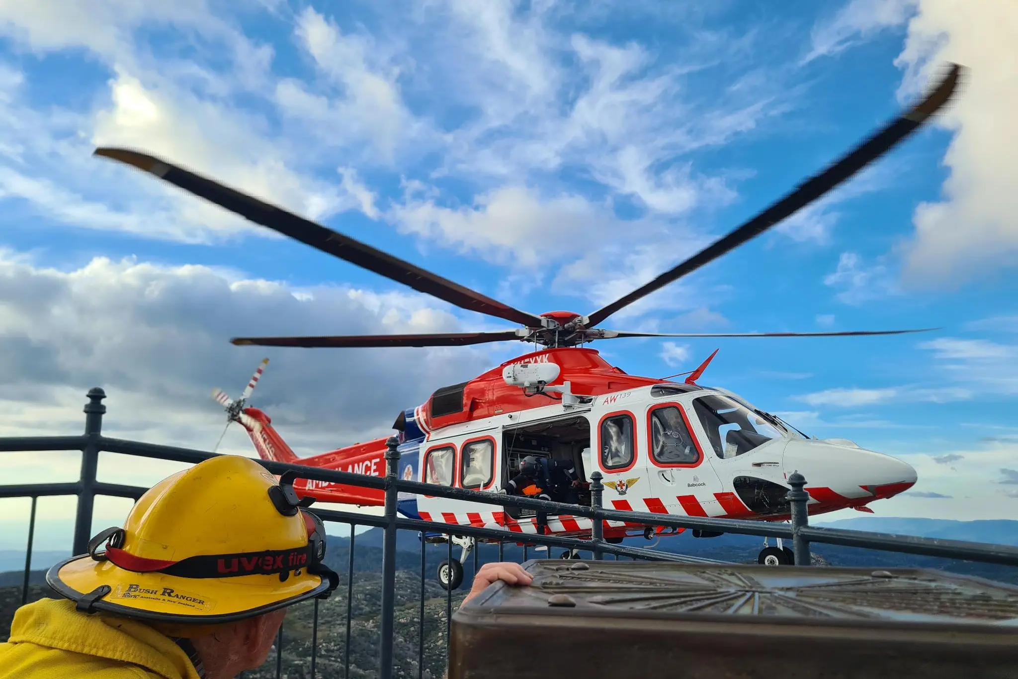 <p>FLYING IN: A rock climber was airlifted to hospital following a fall at The Horn at Mount Buffalo. PHOTOS: Bright VICSES Unit.</p>\\n