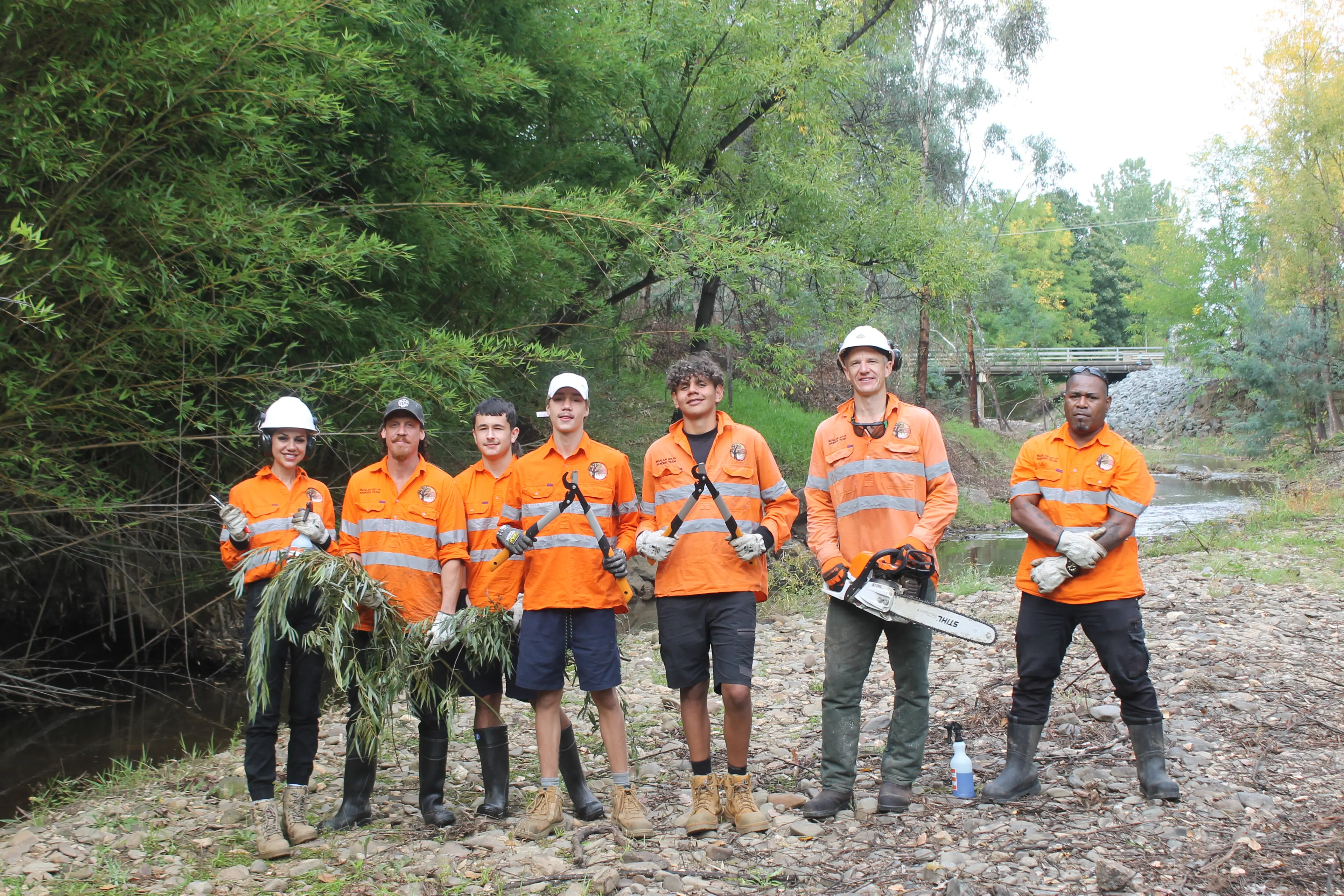 <p>CLEAR THE (WATER) WAY:  Bangerang Rangers (from left) Myriah and Matty Atkinson, Hunta Brown, Montelle Stewart, Bradley Atkinson, team leader Will Ford and Villimoni Ratila were making good progress clearing away invasive weeds and plants on the Barwidgee Creek Connections Project. PHOTOS: Phoebe Morgan</p>\\n