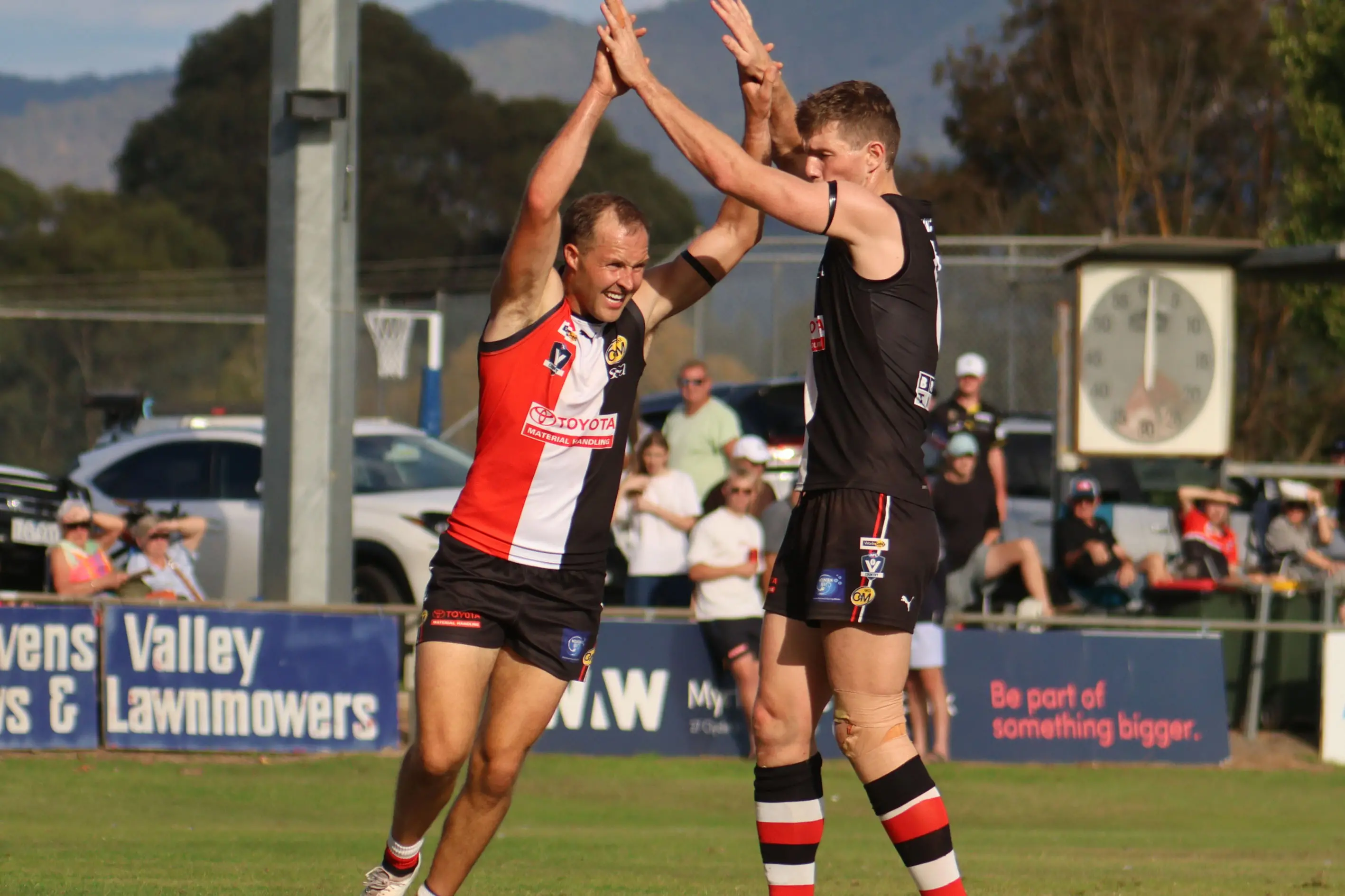 <p>LEADING THE WAY: Skipper Mitch Dalbosco and vice-captain Ryley Sharp celebrate a goal. PHOTOS: Janet Watt.</p>\\n