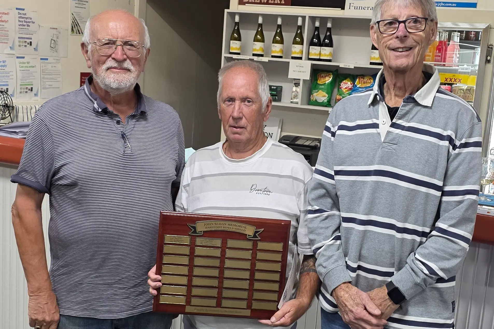 <p>WINNERS: Barry Fullwood, Peter James and Allan Heberle claimed the final trophy for the barefoot bowls season.</p>\\n