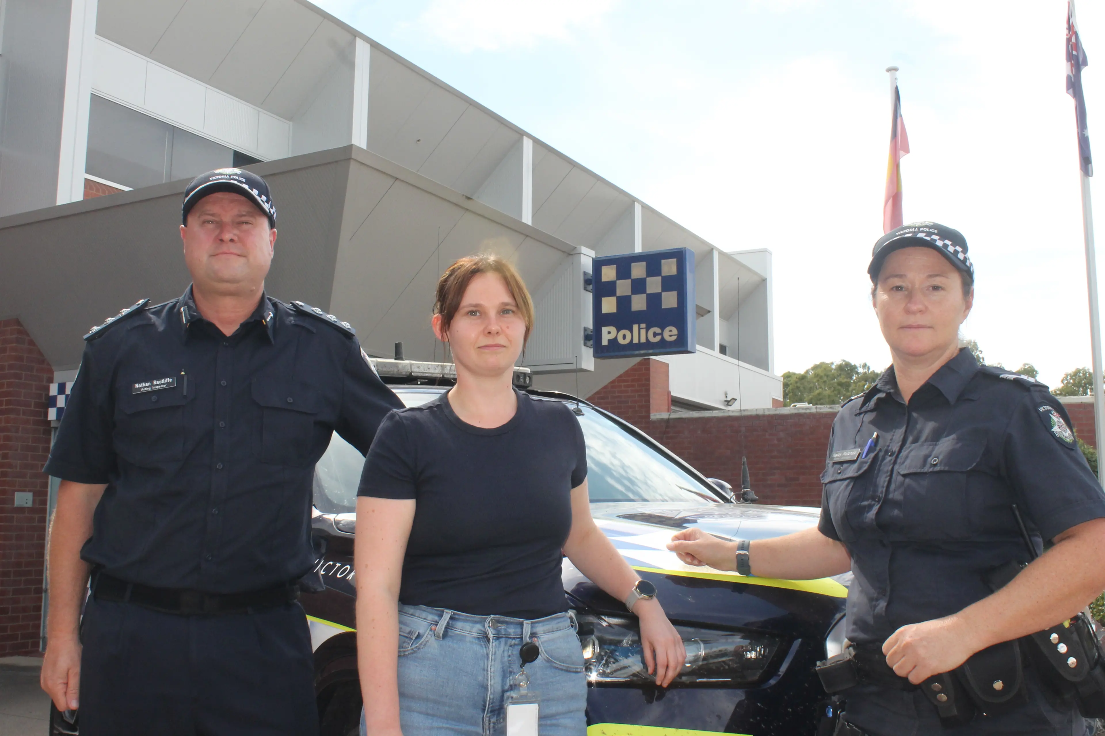 <p>COME FOR THE RIDE: Wangaratta Police Acting Inspector Nathan Ractliffe (left), Taylah Kirk and Senior Constable Hayley McDonald are encouraging young drivers to attend the Cool Heads Young Drivers Program presentation in Wangaratta in May. PHOTO: Bailey Zimmermann</p>\\n