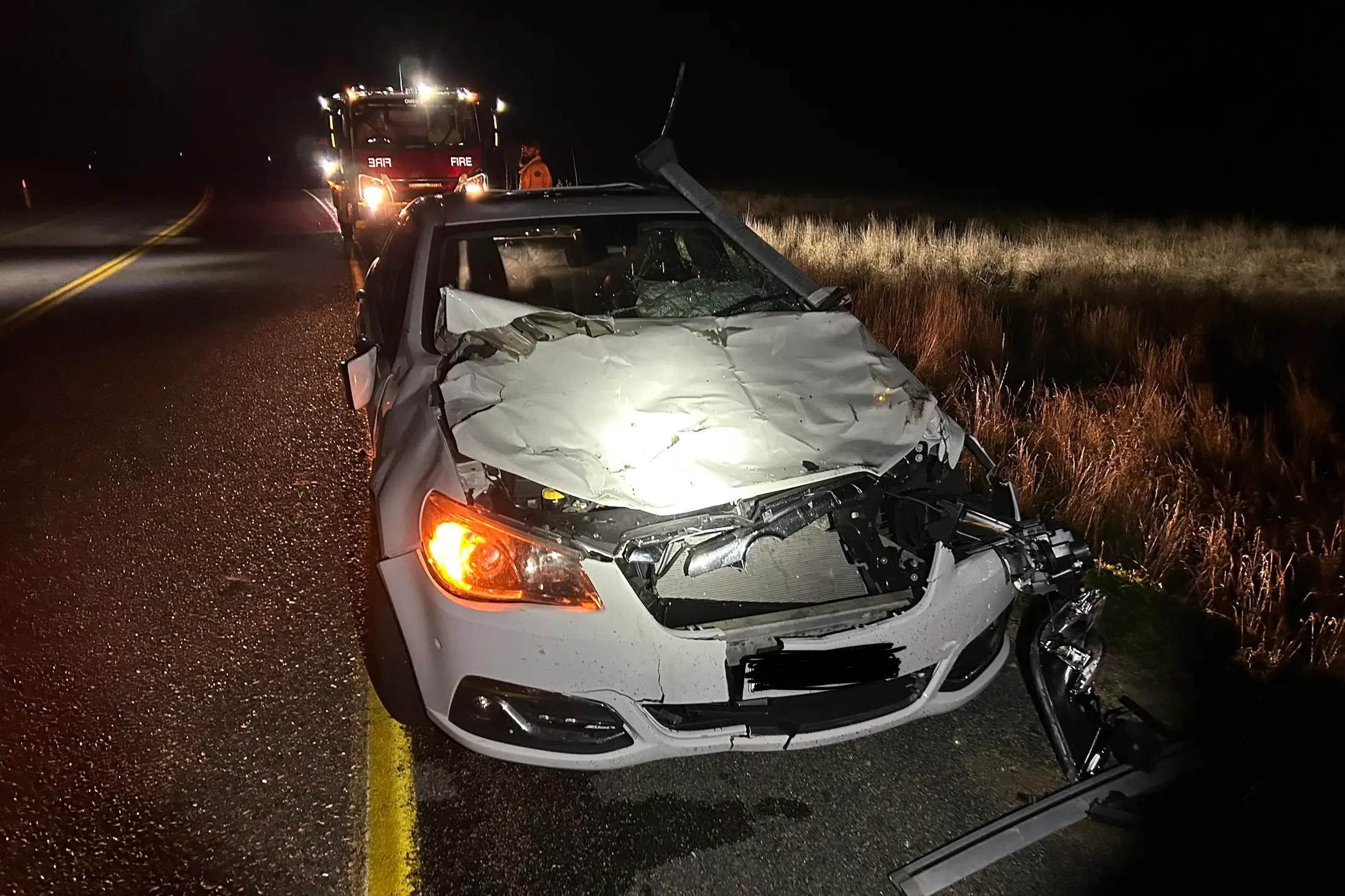 <p>EVENING EMERGENCY RESPONSE: Three people were lucky to not sustain any serious injuries when their car collided with a wandering cow in the Great Alpine Road near Dinner Plain on Sunday. PHOTO: Bright police.</p>\\n