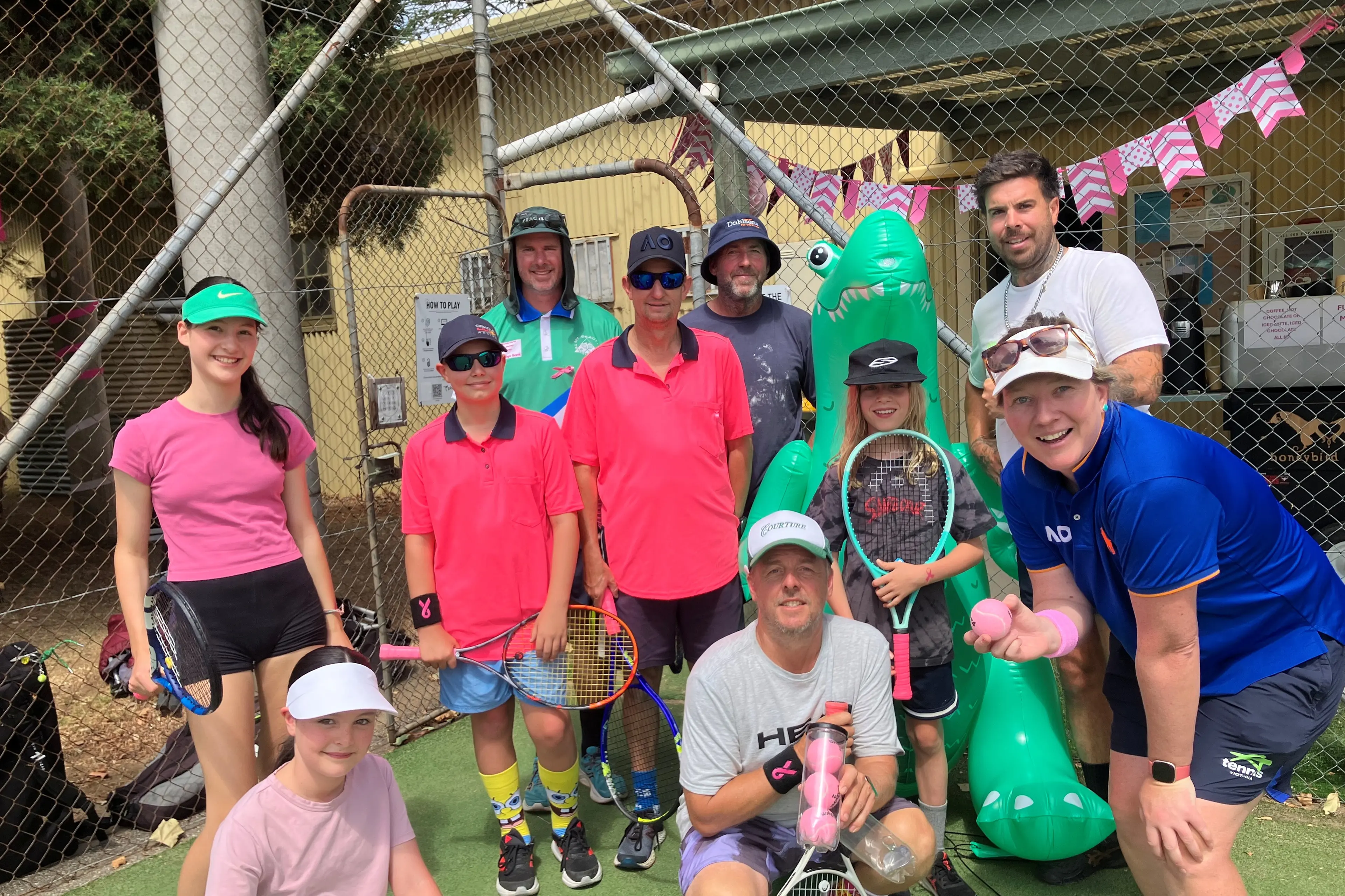 <p>LOVE MATCH: Mt Beauty Tennis Club held a fundraiser for Joanne Macklan. Pictured are (back from left) Louella Pask, Reece Macklan, Dean Banstead, (Middle) Steve Pask, Shane Lawther, Andrew Macklan, Mimi Pask,  coach Andy Shuttleworth, and Tennis Victoria\\u2019s Jo Maples.</p>\\n