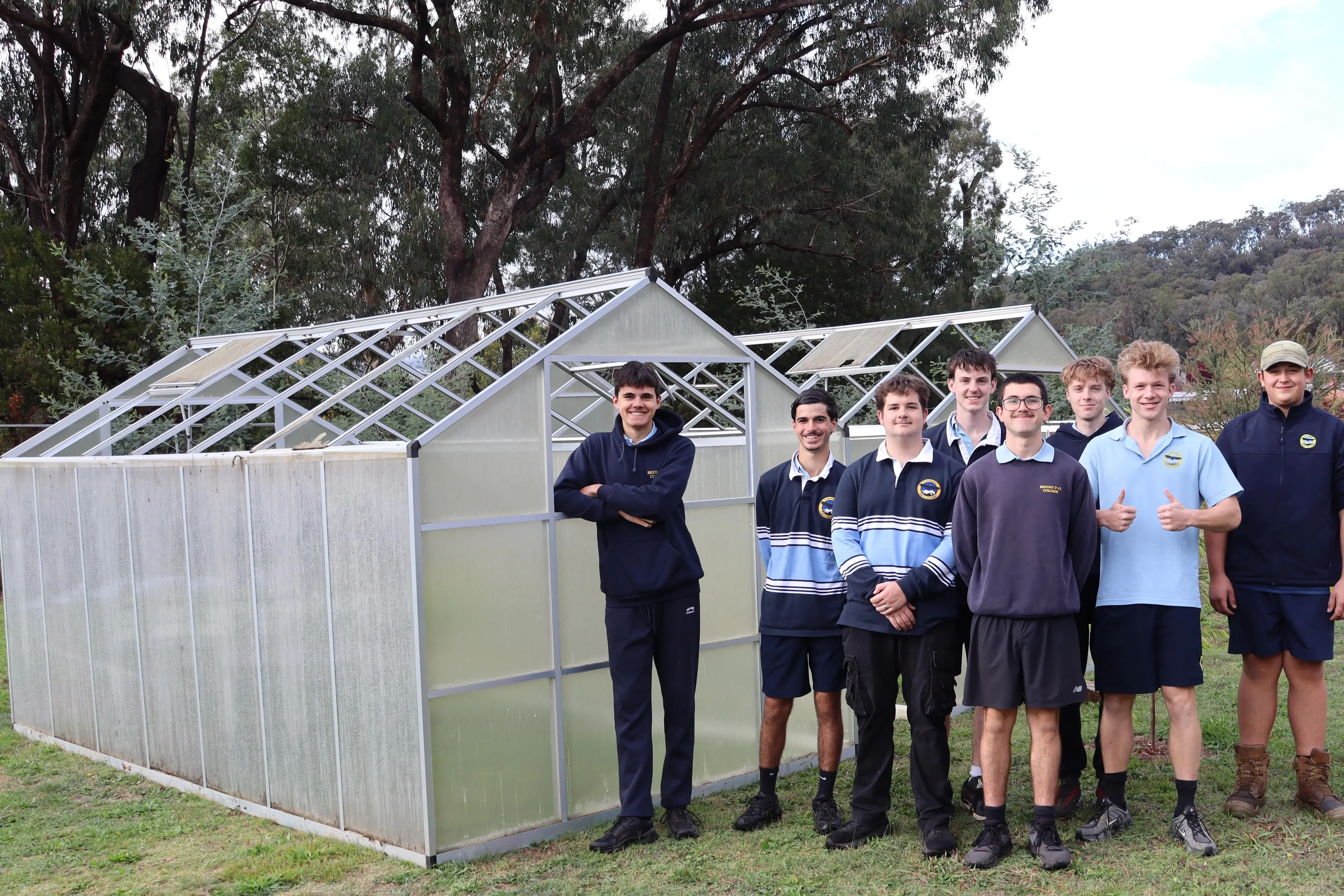 <p>GREENHOUSES GIFTED: Pictured with the donated greenhouses are Bright P-12 College students (from left) Ryan Logan, John Caloutas, Noah Kelly, Leonard Ciolli, Charlie Abbate, Harper Wilson, Matthew McCann and Joe Tomasoni.</p>\\n