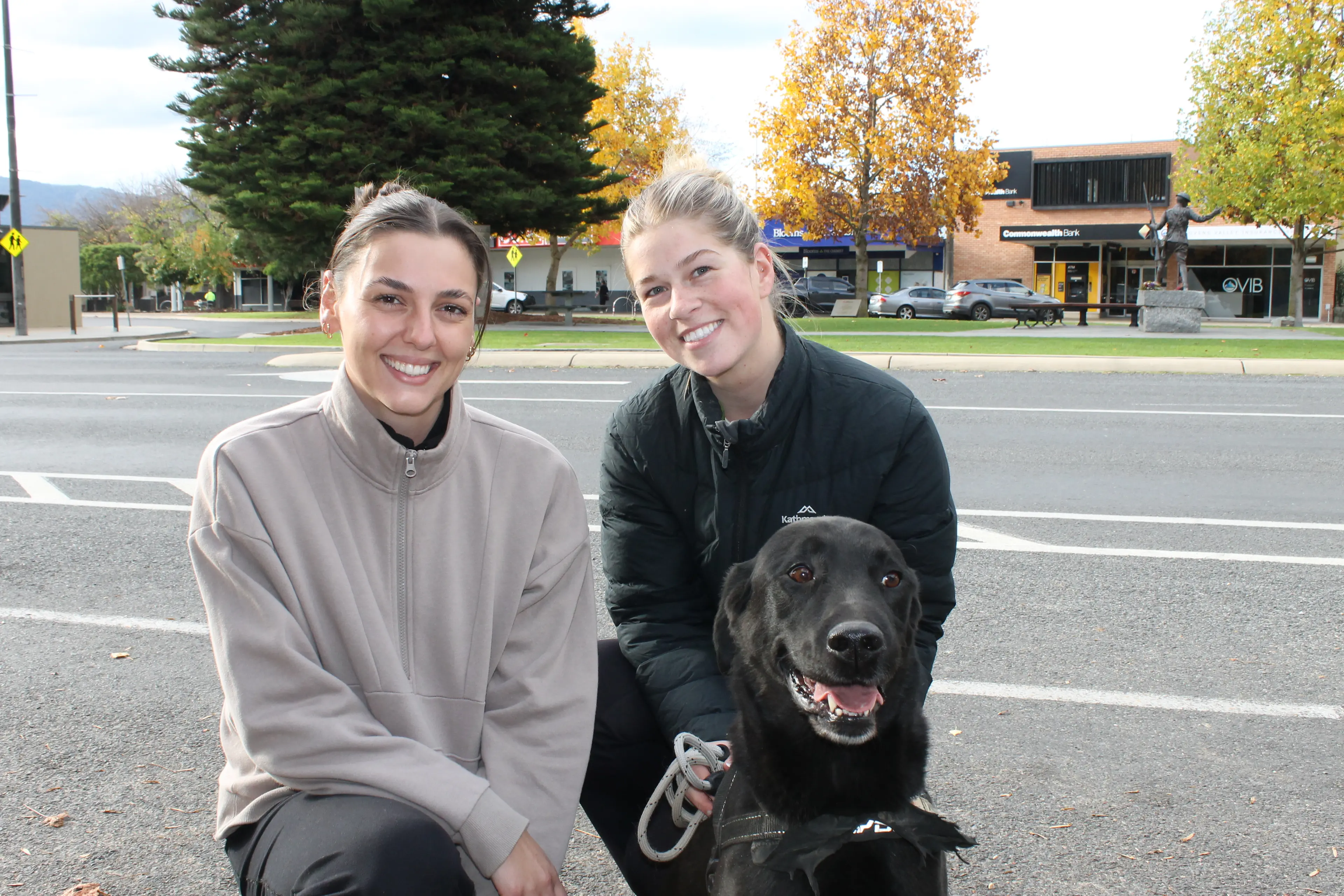 <p>Myrtleford\\'s people around town: Natasha Smith, Sarah Favaro and Max the Labrador.</p>\\n