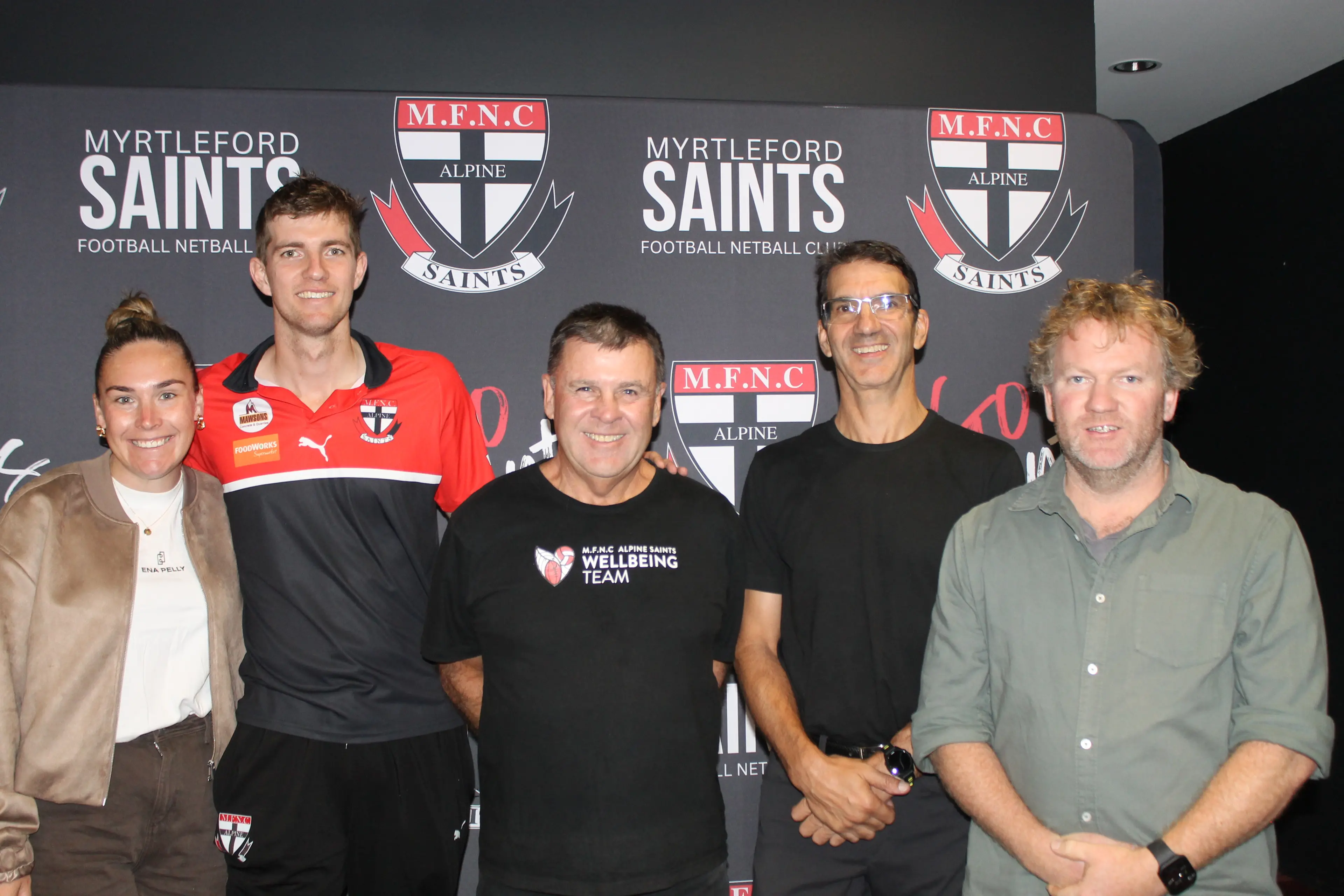 <p>WE\\'RE HERE IF YOU REACH OUT: (from left) MFNC captains Olivia La Spina, Ryley Sharp, wellbeing officer John Pryor, guest speaker Anthony Klarica and Glenn Clarke from major sponsor North East Civil Construction enjoyed a dinner with the local sporting community ahead of Mr Klarica\\'s talk around building mental health resilience skills. PHOTO: Phoebe Morgan</p>\\n