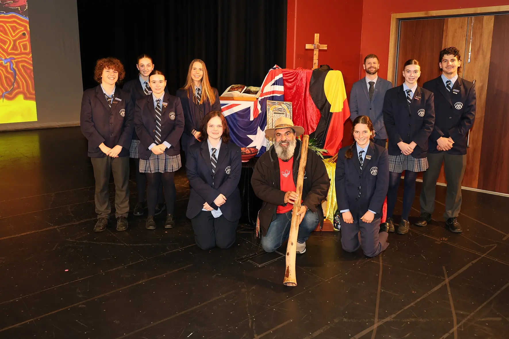 <p>ALL IN: Student leaders from Marian College spent time talking with special guest speaker; Bangerang Elder, Uncle Dozer Atkinson. PHOTOS: Marian College</p>\\n