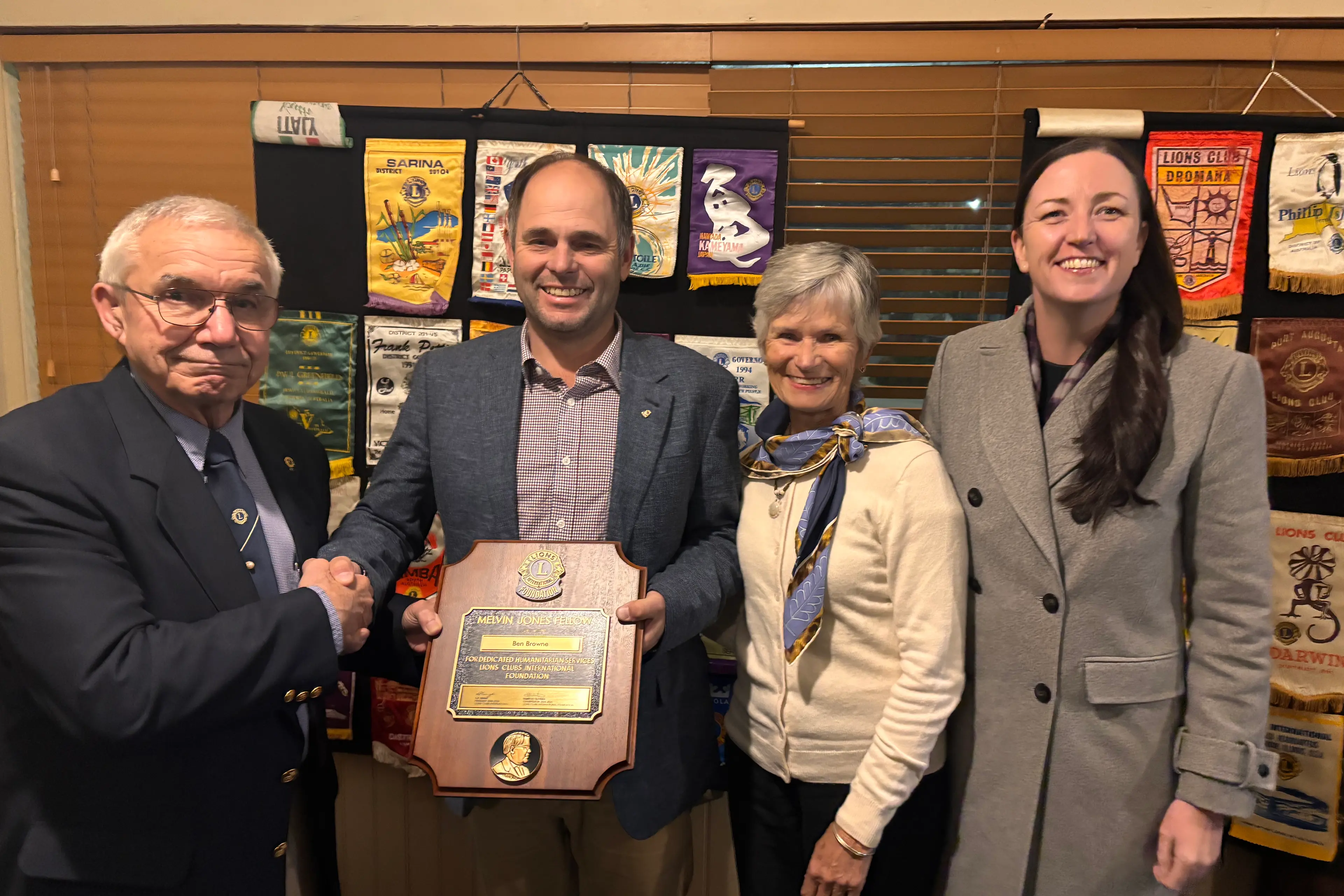 <p>LION LAUREL: (from left) Myrtleford Lion Rick Rickard bestowed the Melvin Jones Fellowship Award upon Ben Browne, with his Mum Anne and partner, Alanna McLees as honoured guests at the group\\'s annual changeover dinner. PHOTOS: Jennifer Zamperoni.</p>\\n