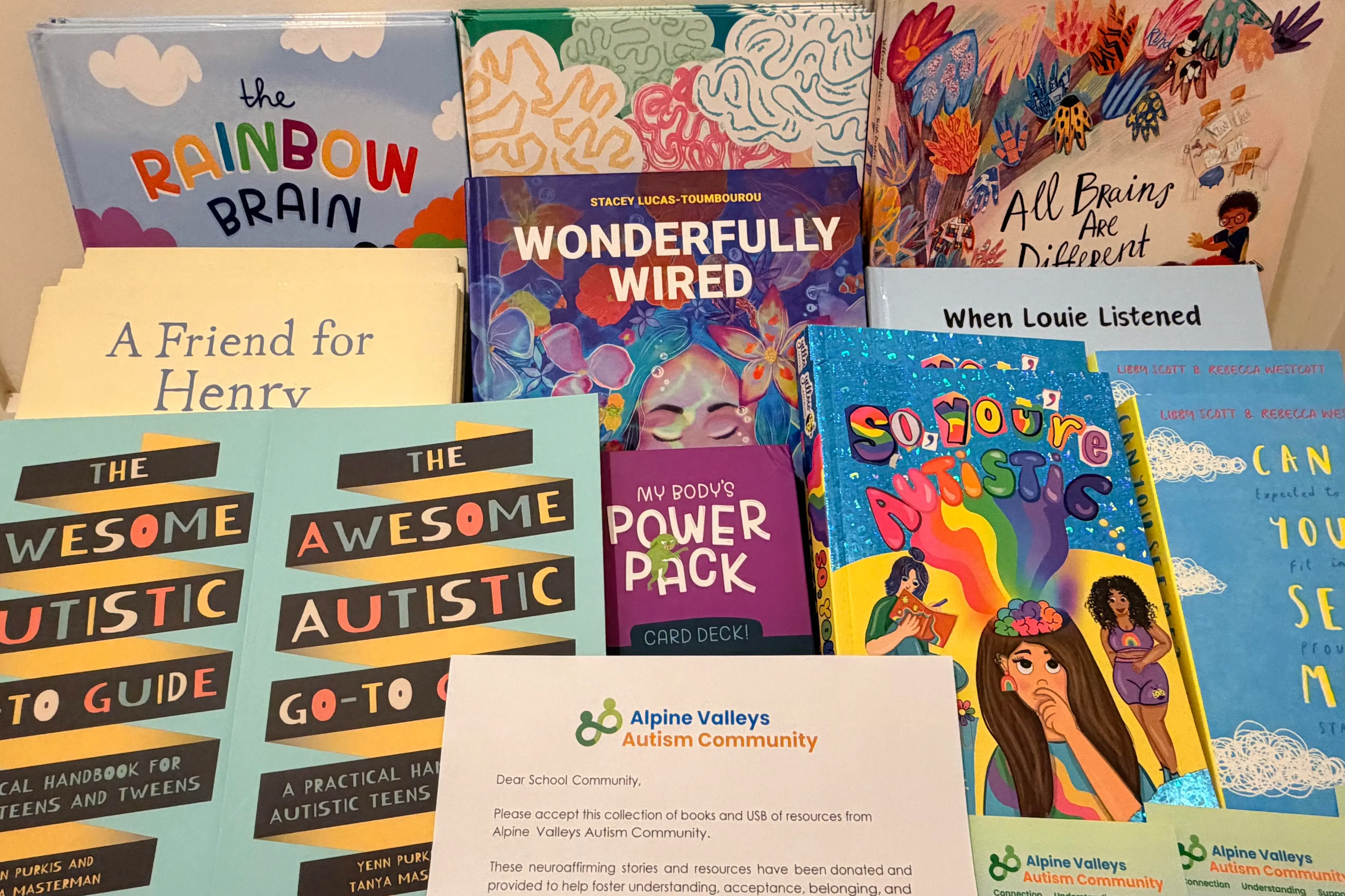 <p>RAISING AWARENESS: Alpine Valleys Autism Community is donating book packs to school libraries across the Alpine Shire, thanks to the incredible support of the local community and fundraising efforts by local businesses. </p>\\n