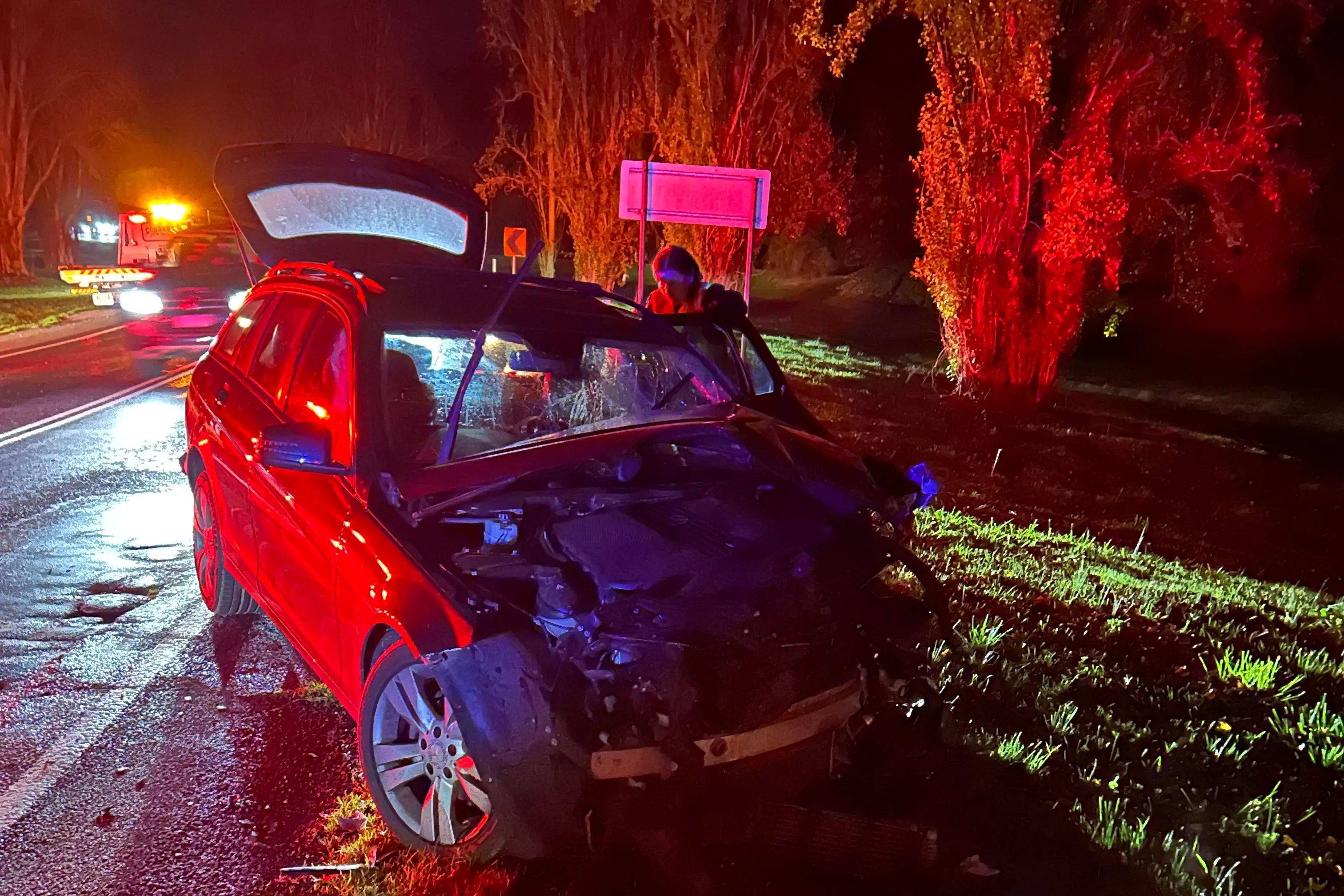 <p>HEAD-ON: It\\'s alleged the driver of the Mercedes station wagon veered into oncoming traffic and collided with a white van in Myrtleford last Friday night. PHOTOS: Victoria Police</p>\\n