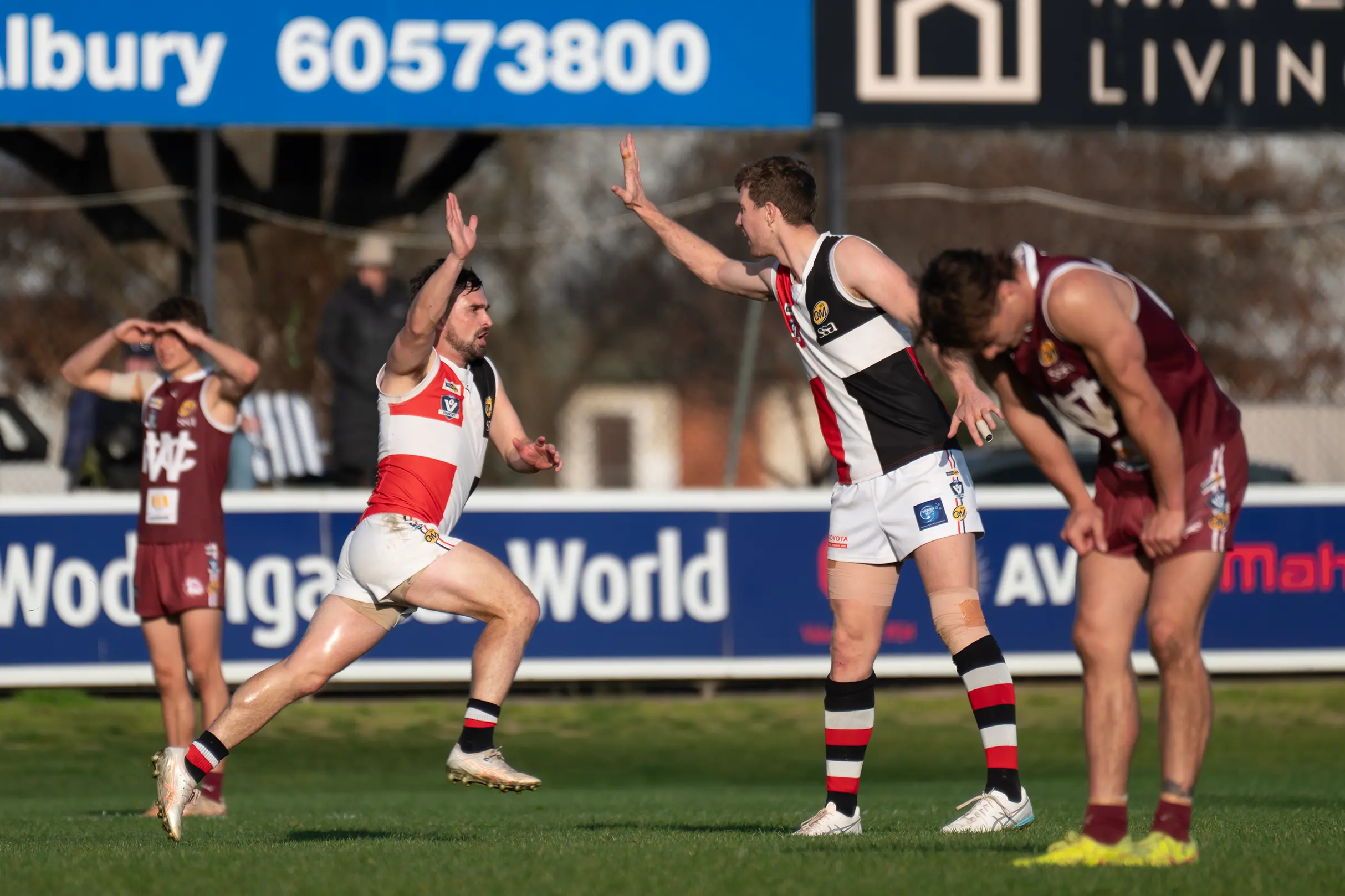 <p>CELEBRATE: Brody Ricardi and Ryley Sharp revel in a goal late in the win over Wodonga. PHOTOS: Melissa Beattie</p>\\n