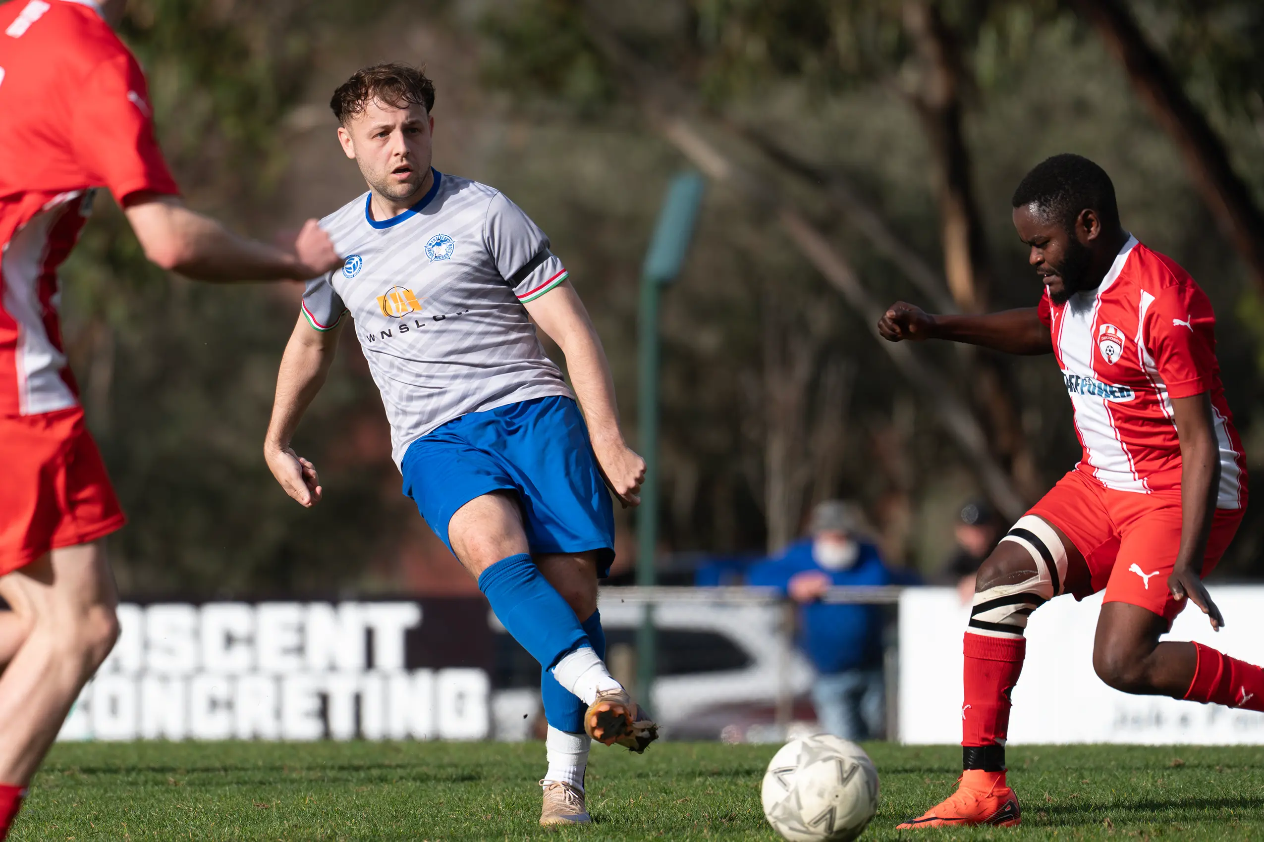 <p>THROUGH BALL: Connor Caponecchia plays the  ball forward. PHOTOS: Melissa Beattie</p>\\n