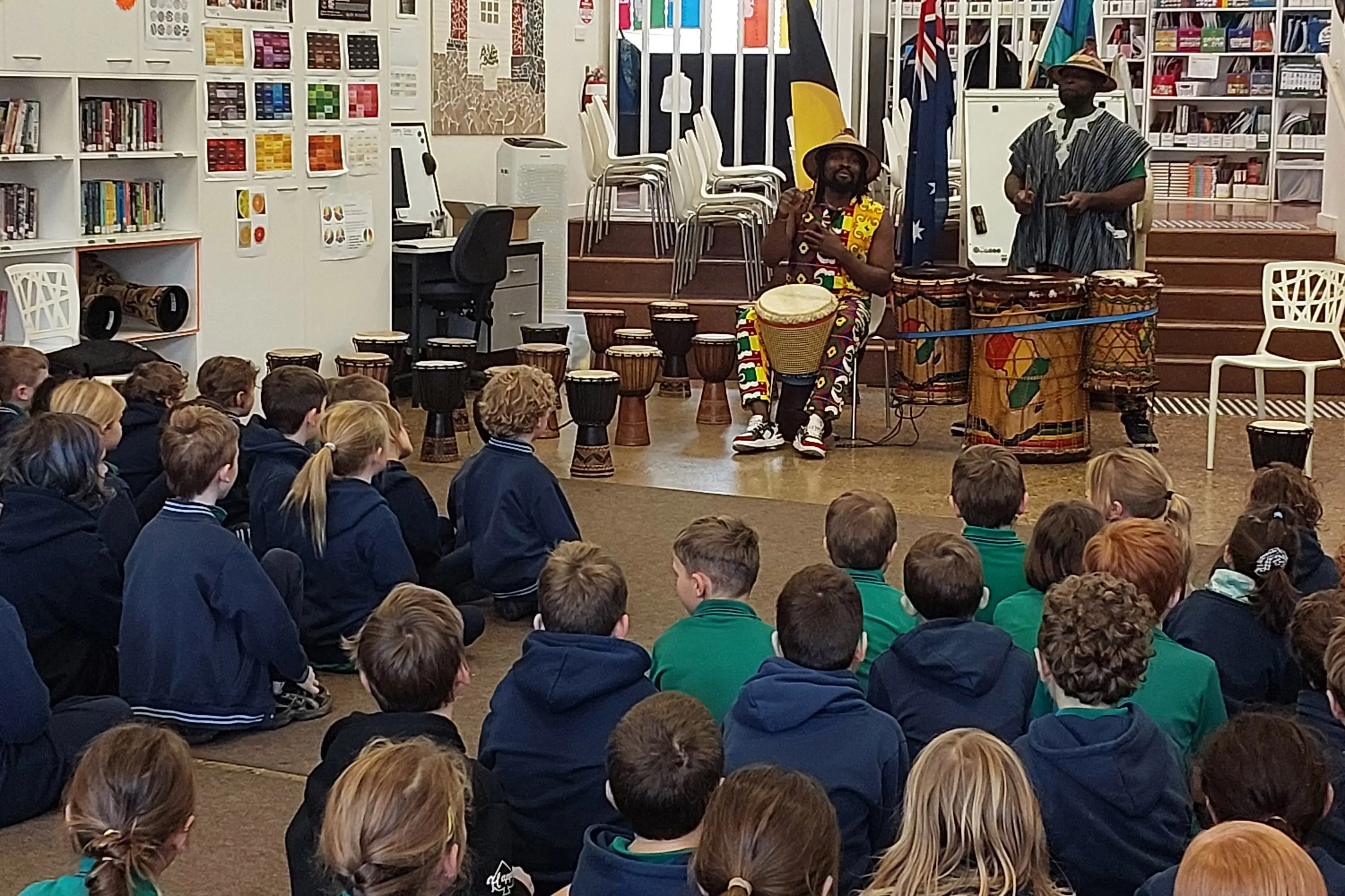 <p>GHANIAN MUSIC: African Beat drummers Tuza and Ezi perform for Porepunkah Primary School students.</p>\\n
