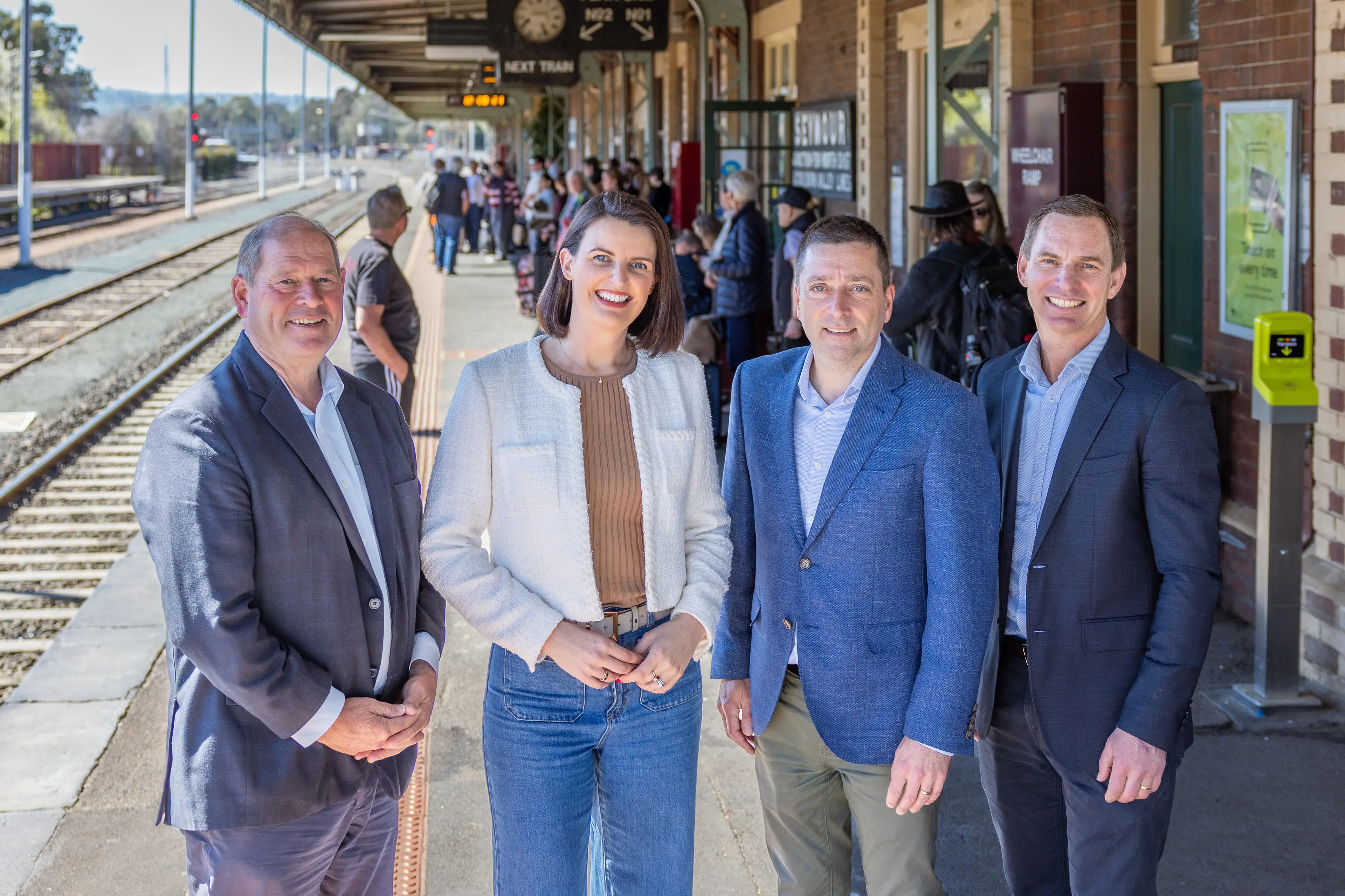 <p>MORE TRAINS, MORE SEATS: Sharing a commitment to increase VLine services on the Albury line under the Liberals and Nationals government were (from left) Ovens Valley MP Tim McCurdy, Euroa MP Annabelle Cleeland, Shadow Public Transport Minister Matthew Guy, and Liberal candidate for Benambra Steve Martin.</p>\\n