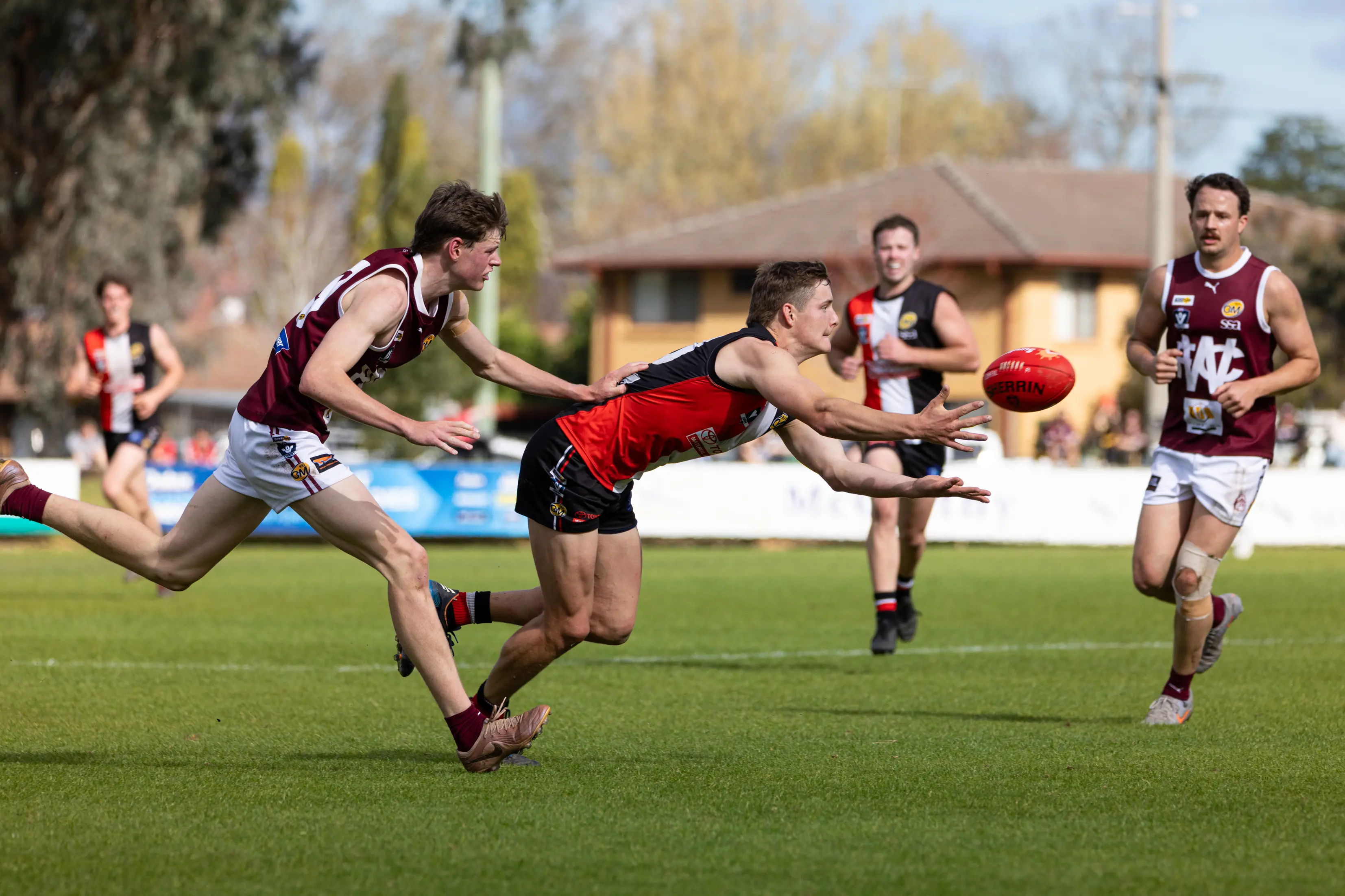 <p>FULL STRETCH: Cooper Thomason dives to mark the footy. PHOTOS: Marc Bongers</p>\\n