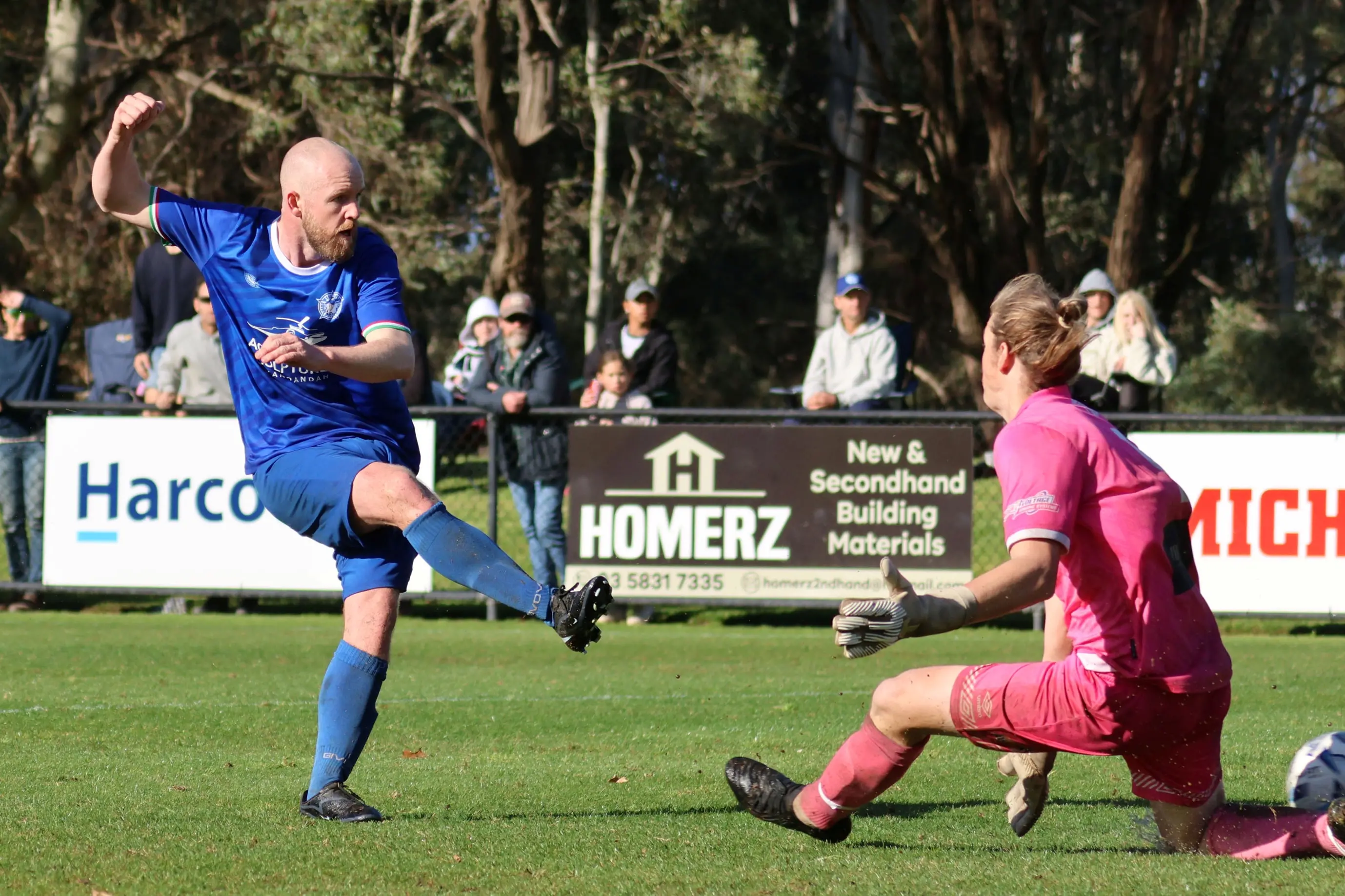 <p>DOUBLE TROUBLE: Jake Miles scored two goals in Myrtleford\\'s division one men\\'s 3-4 win over Melrose. PHOTO: Janet Watt</p>\\n