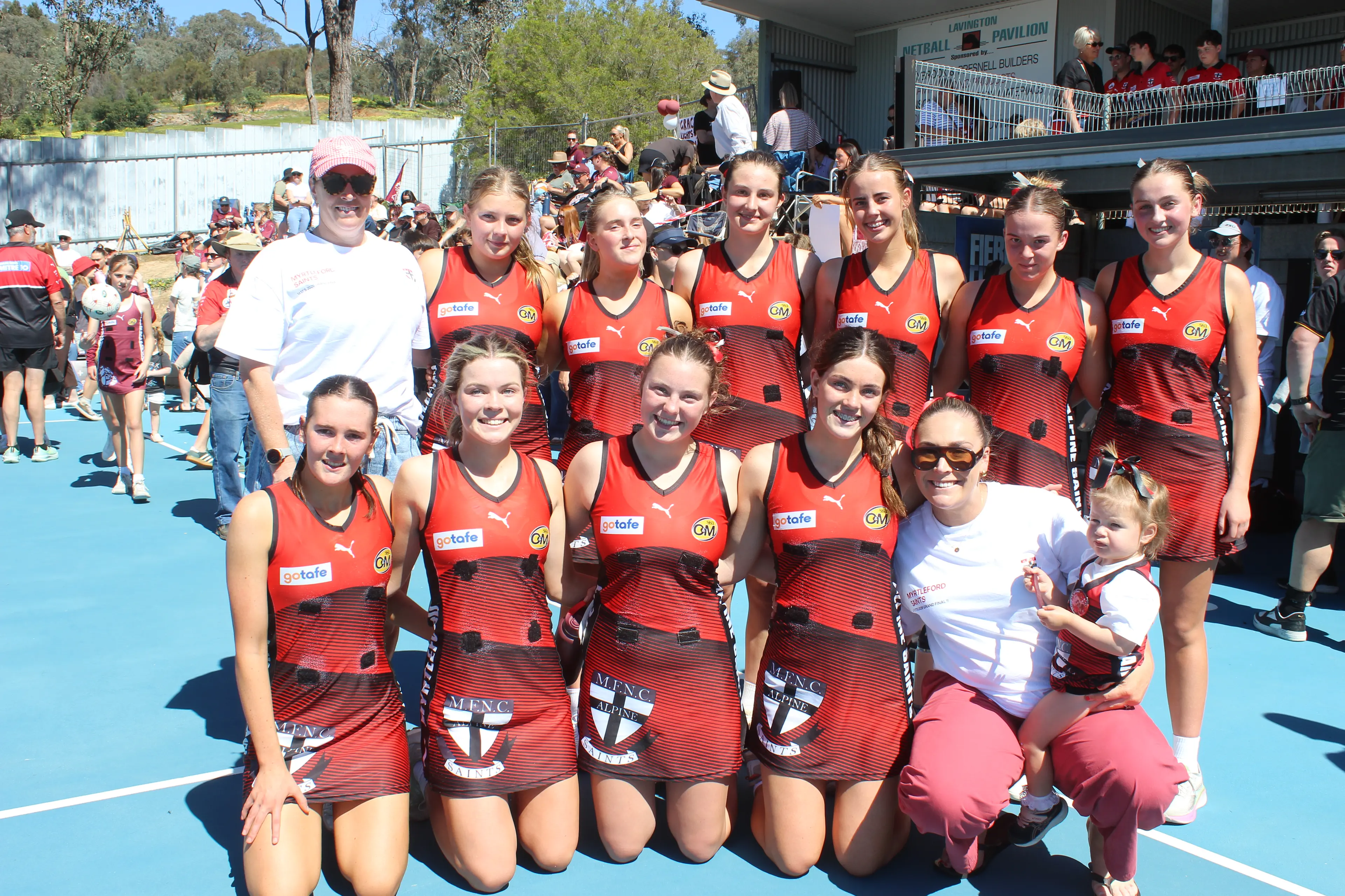 <p>ALL SMILES ANYWAY: The Myrtleford under 17 netball side may not have come away with the flag, but they gave it everything they could. PHOTOS: Jenny Zamperoni</p>\\n