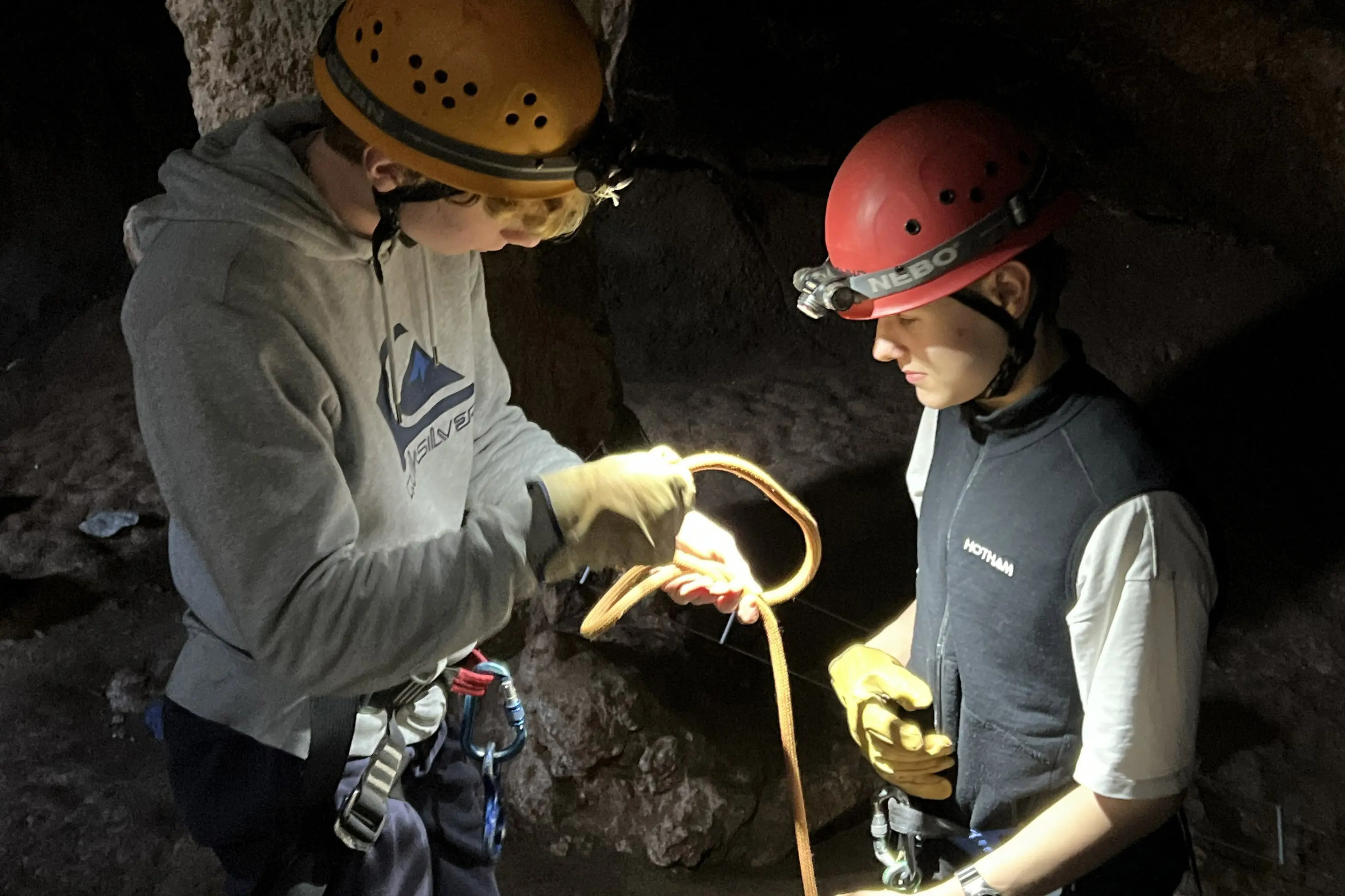 <p>THIS WAY: Year 12 student Oliver Gianello (left) instructs year 10 student Zeke Timbs on the correct knot to use. PHOTOS: Bright P-12 College.</p>\\n