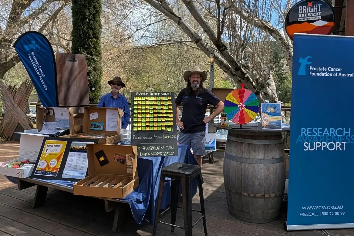 <p>ANNUAL AWARENESS FOR ALPINE MEN: Craig McTaggart (left) and Alan Blair were on hand at the Bright Brewery for this year\\'s \\'Hops for Hope\\' fundraiser, to spread the word of easier access to prostate cancer screening with a simple blood test.</p>\\n