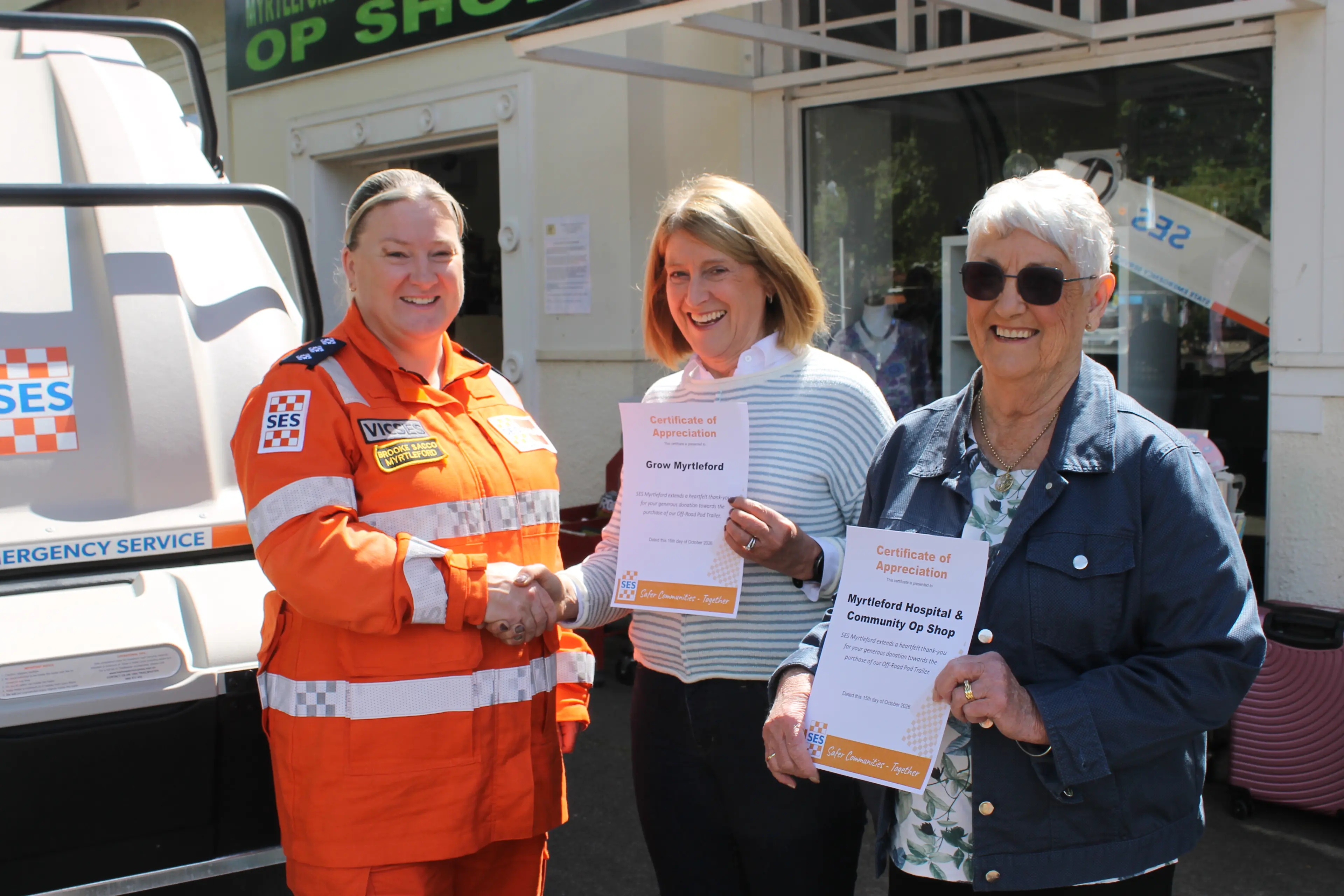<p>VOLUNTEER VALUE: Myrtleford SES Unit controller Brooke Sacco (left) was delighted with the generous donations from Grow Myrtleford+ president Fiona Nicholls (centre) and Myrtleford Hospital & Community Op Shop president Jeanette Barton. PHOTO: Phoebe Morgan</p>\\n