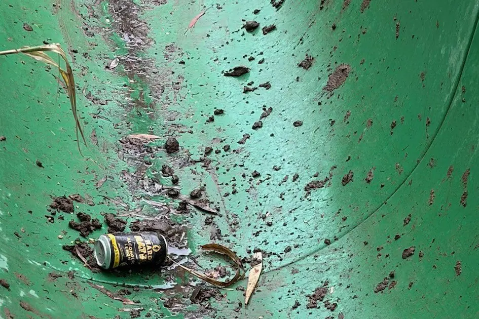 <p>NO WATER WAY: Rotarians were dismayed to find damage to their iconic slide, including rubbish, graffiti on the building and a broken gate. PHOTO: Bright Rotary Club.</p>\\n