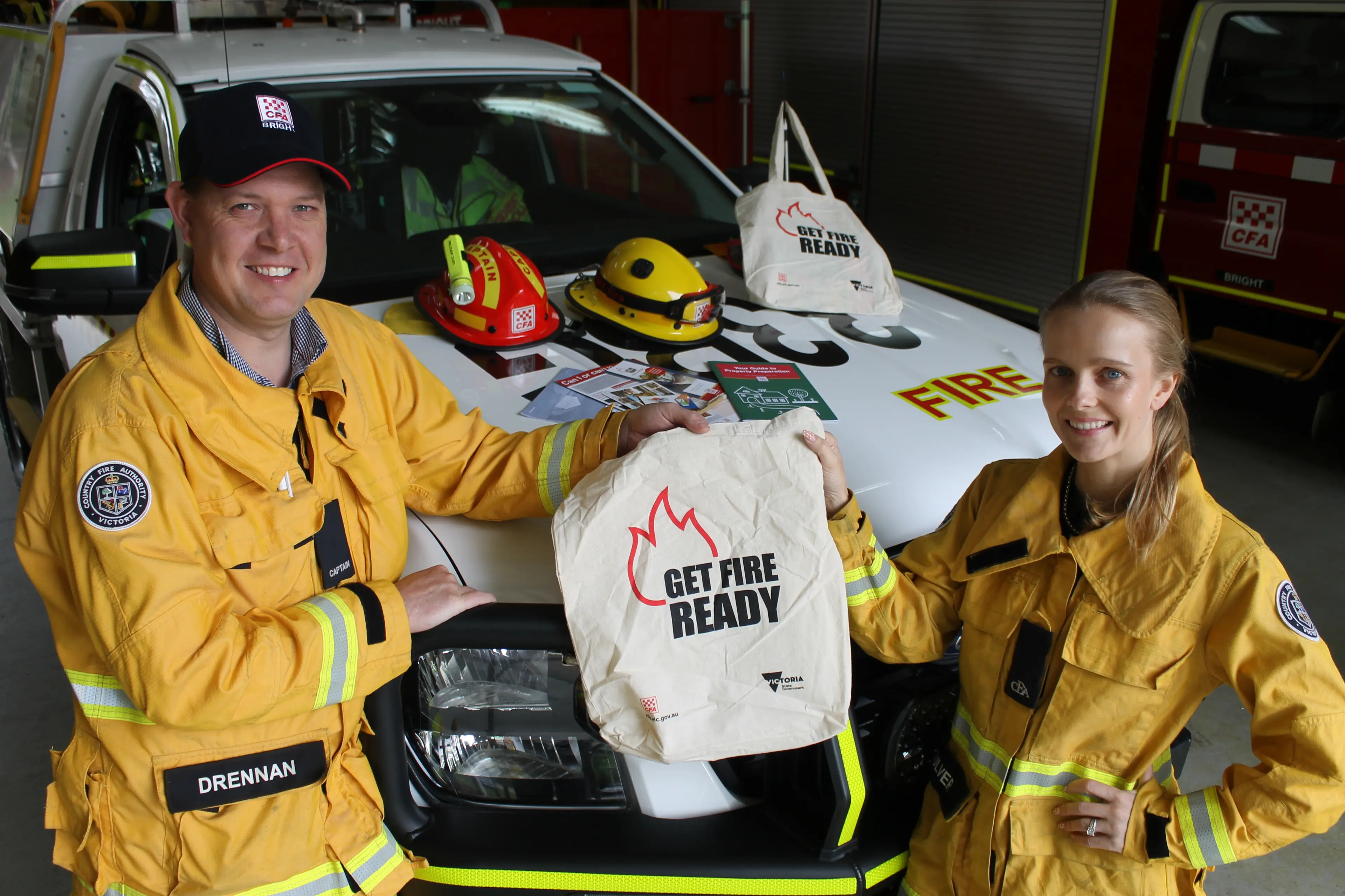 <p>FIRE-FIGHTING FAMILY DAY: Bright CFA captain Brad Drennan and community safety coordinator Charlotte Roscoe will roll out the fire-ready carpet for  the station\\'s community Open Day event. PHOTO: Phoebe Morgan</p>\\n